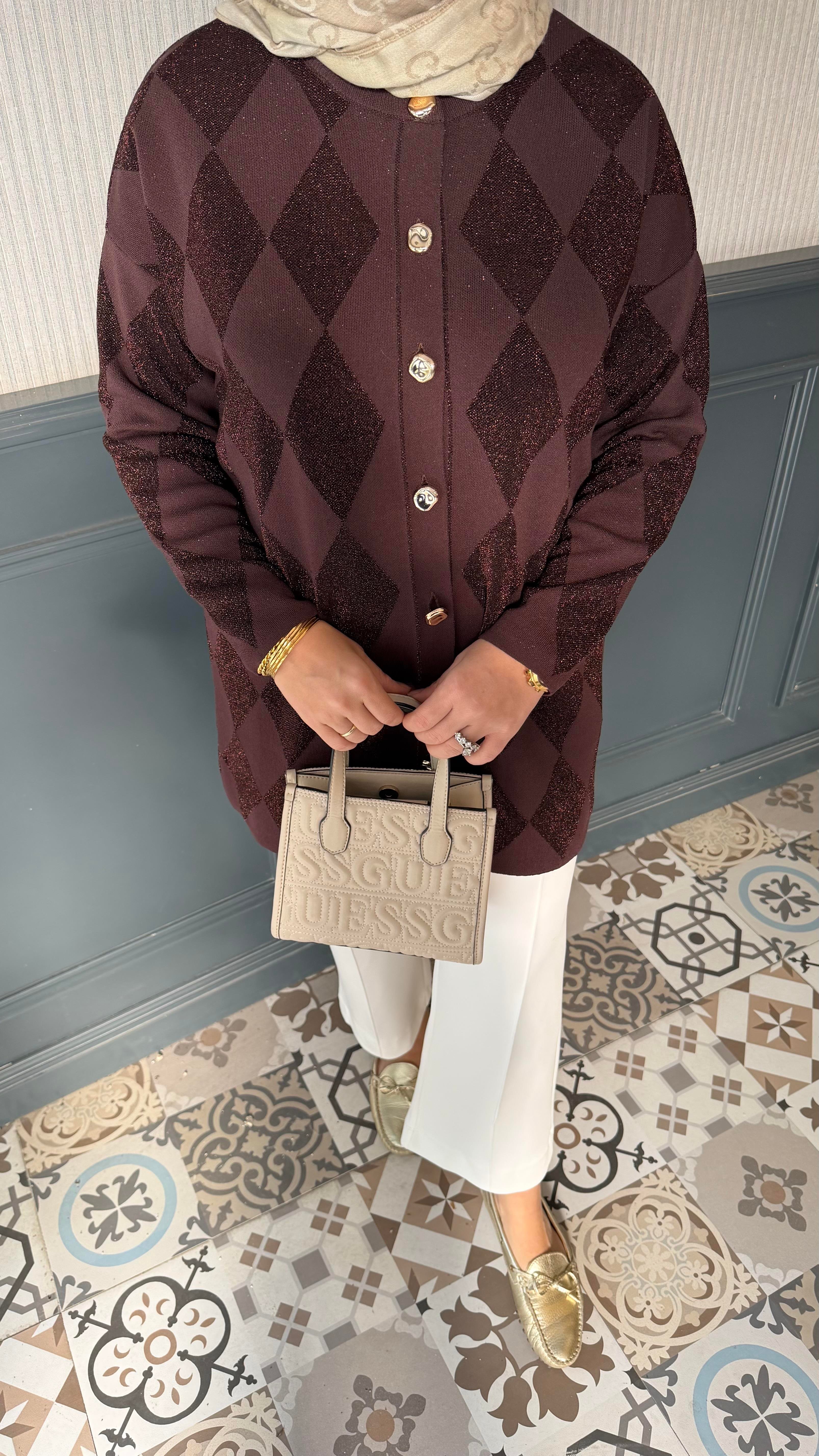 Merserize simli hırka kahve