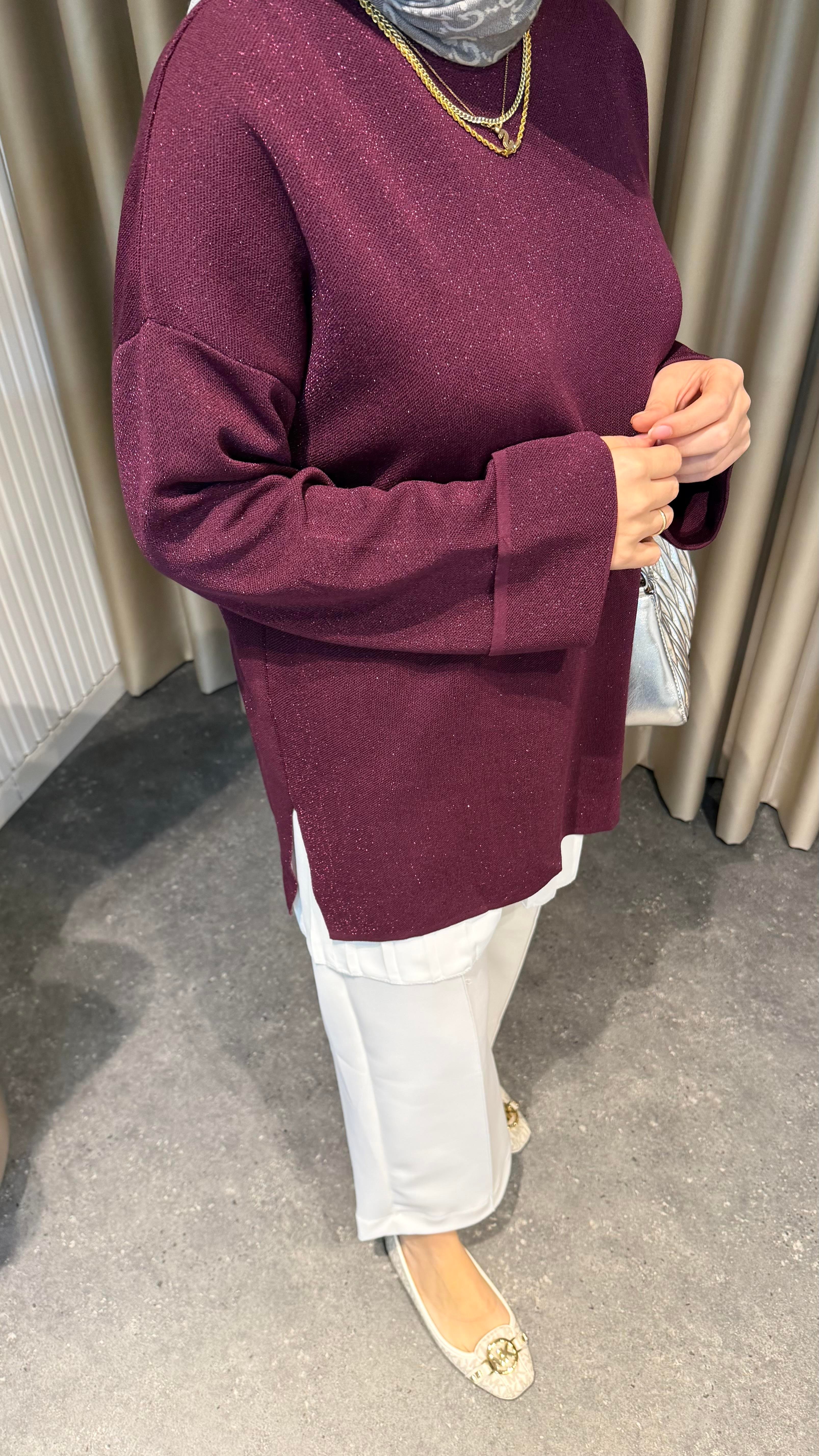 Simli triko kazak bordo 