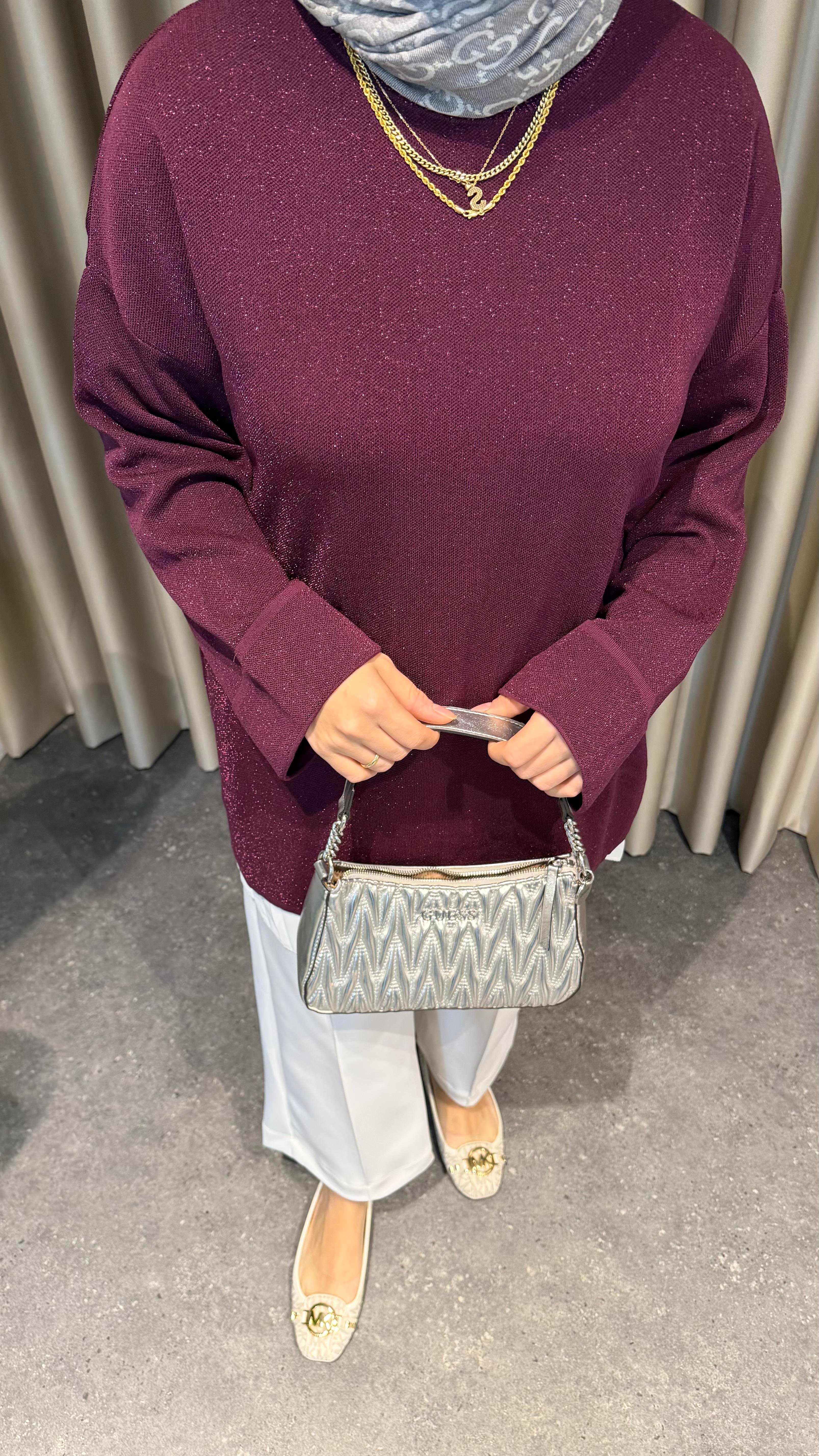 Simli triko kazak bordo 