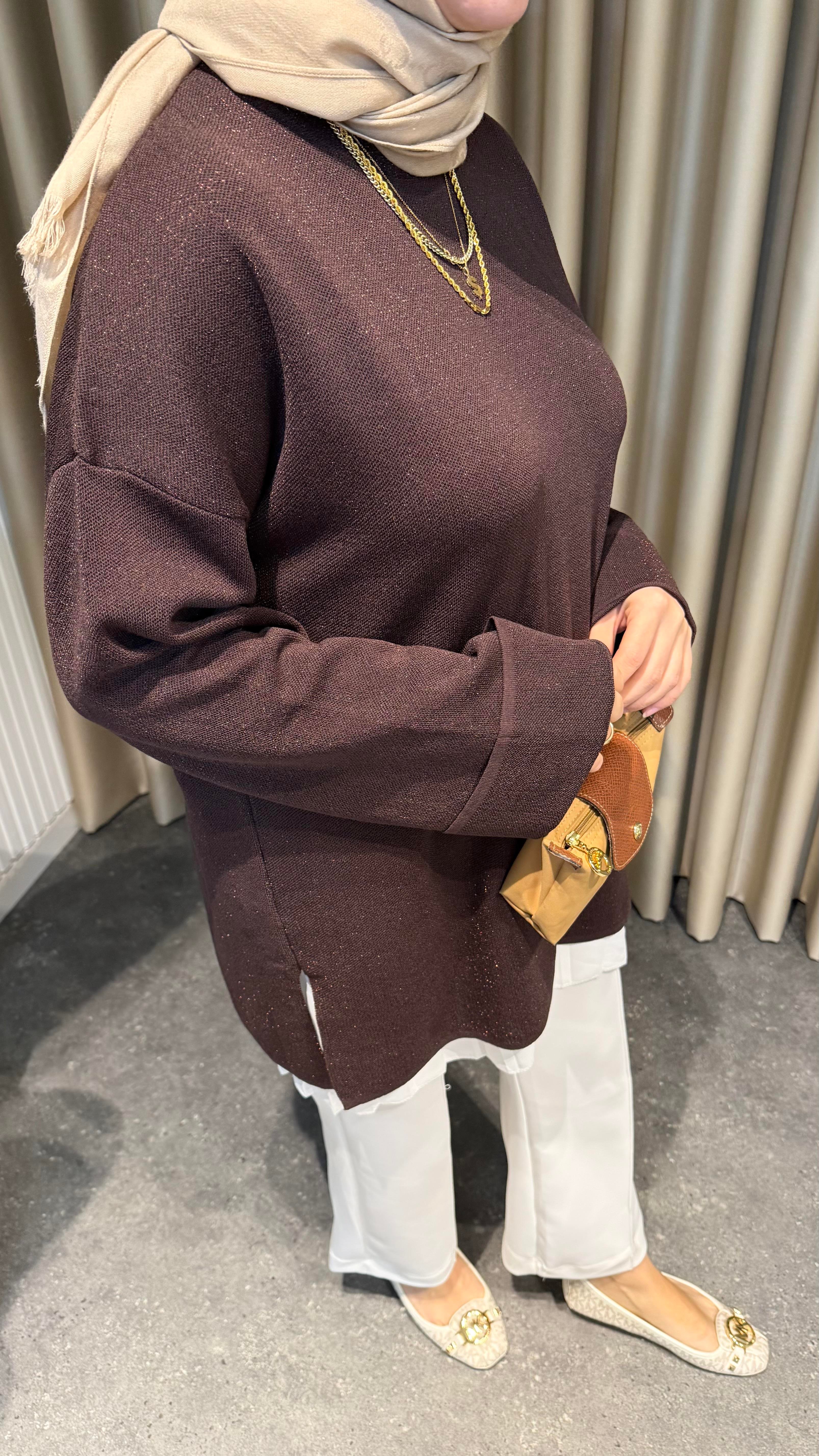 Simli triko kazak kahve