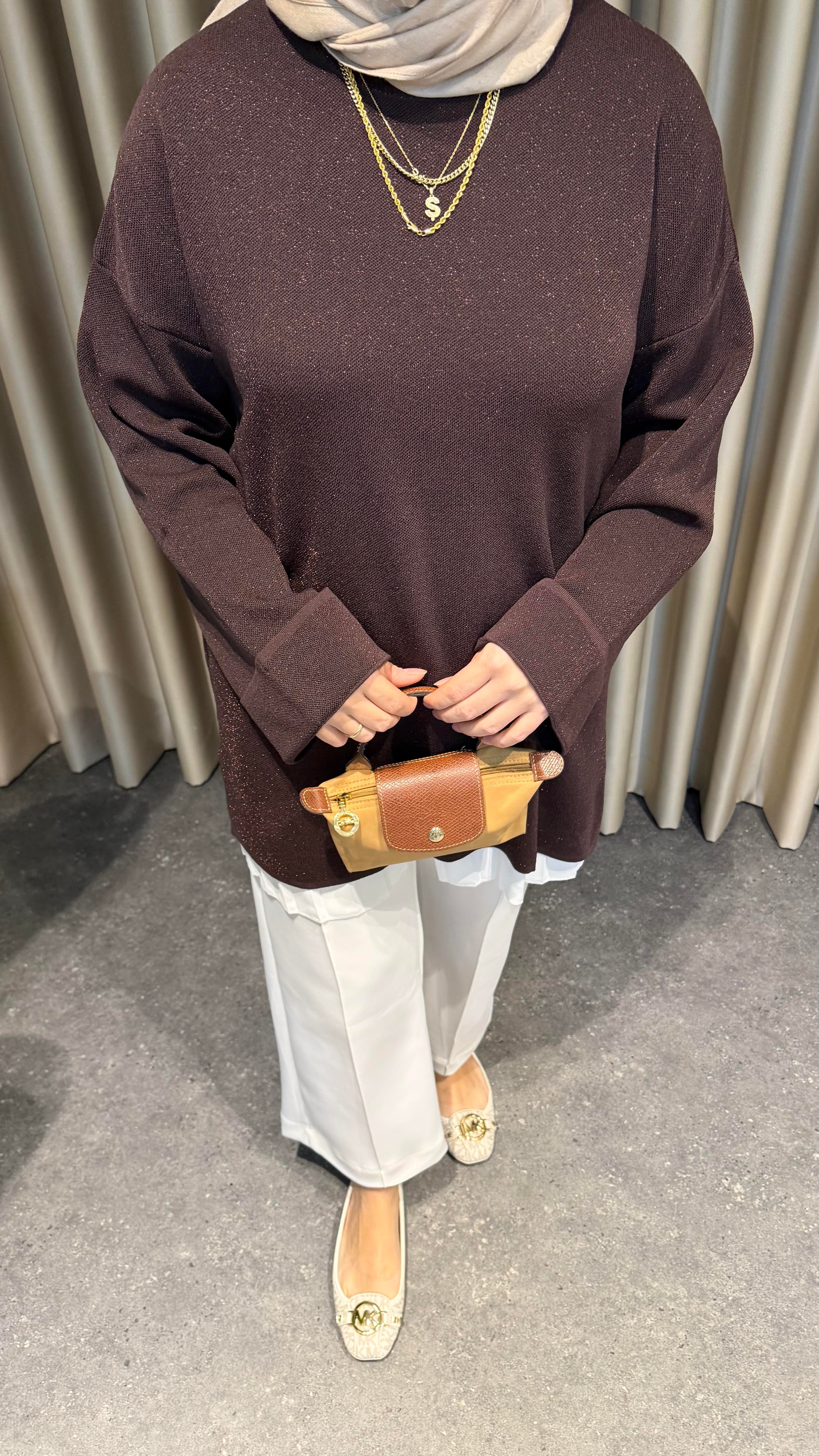 Simli triko kazak kahve