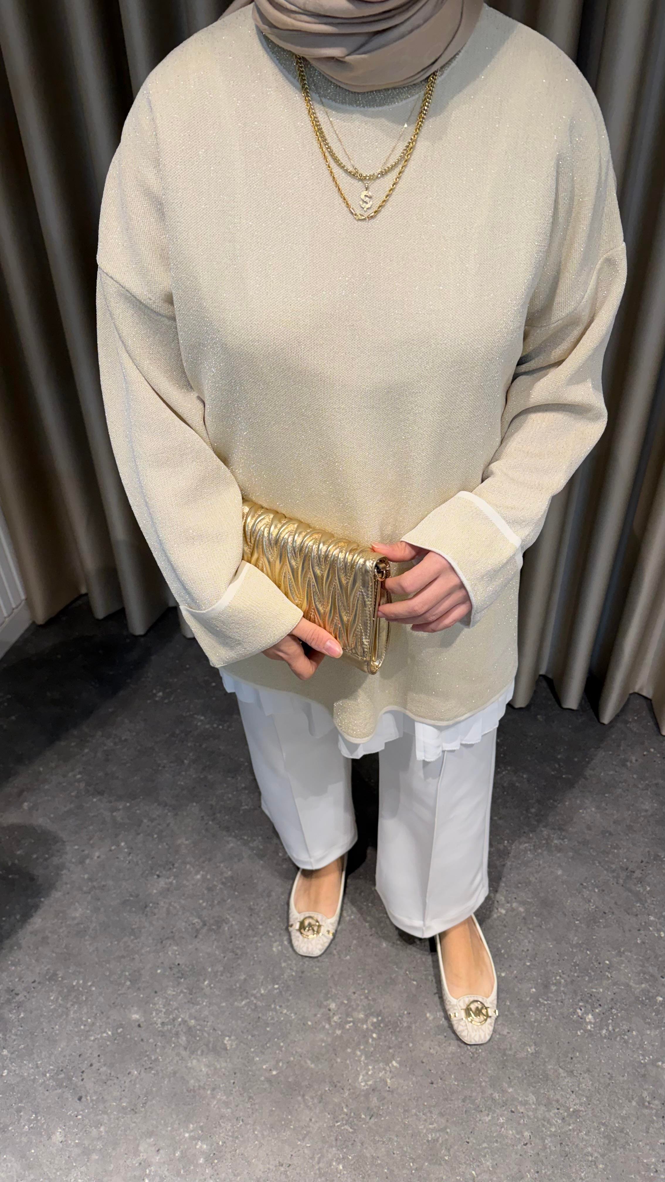 Simli triko kazak krem 