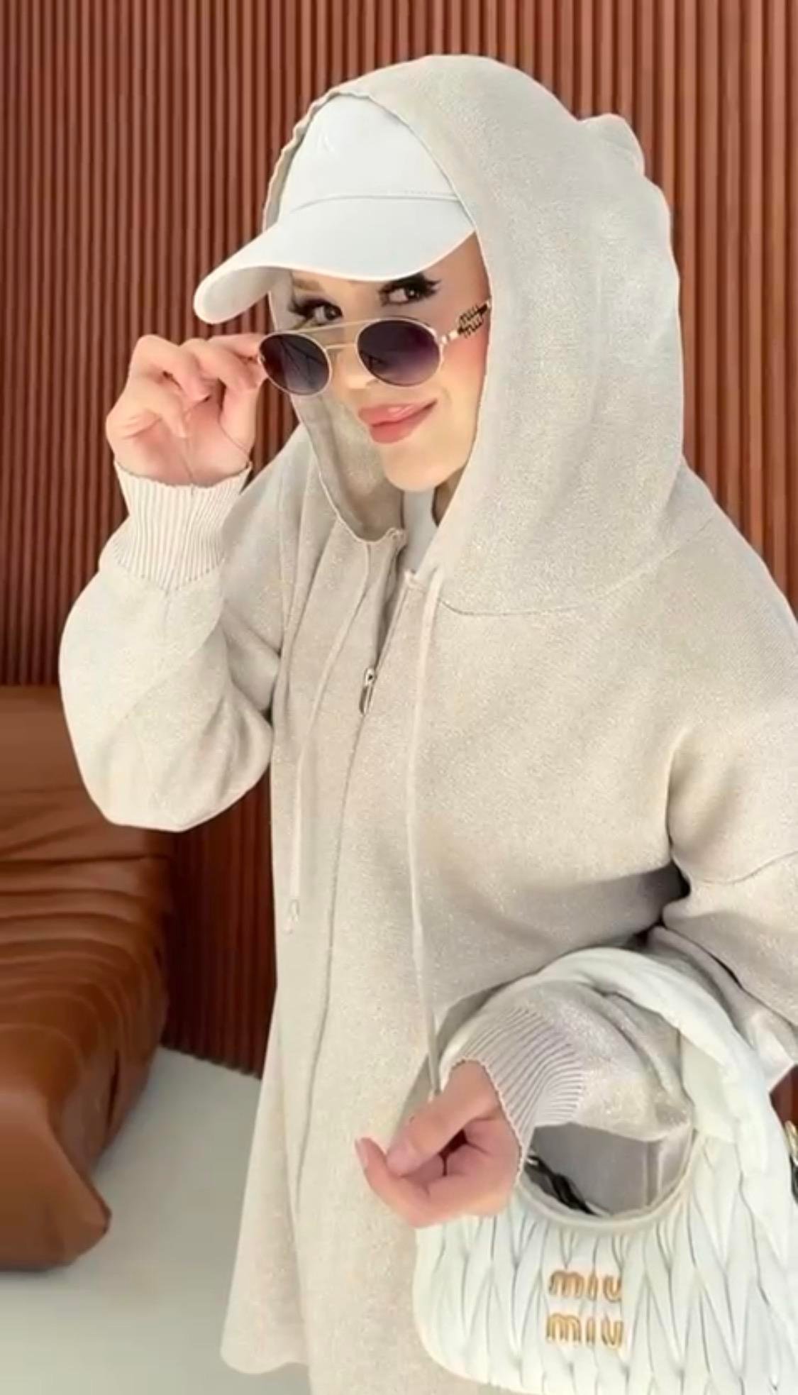 Simli triko takım krem 