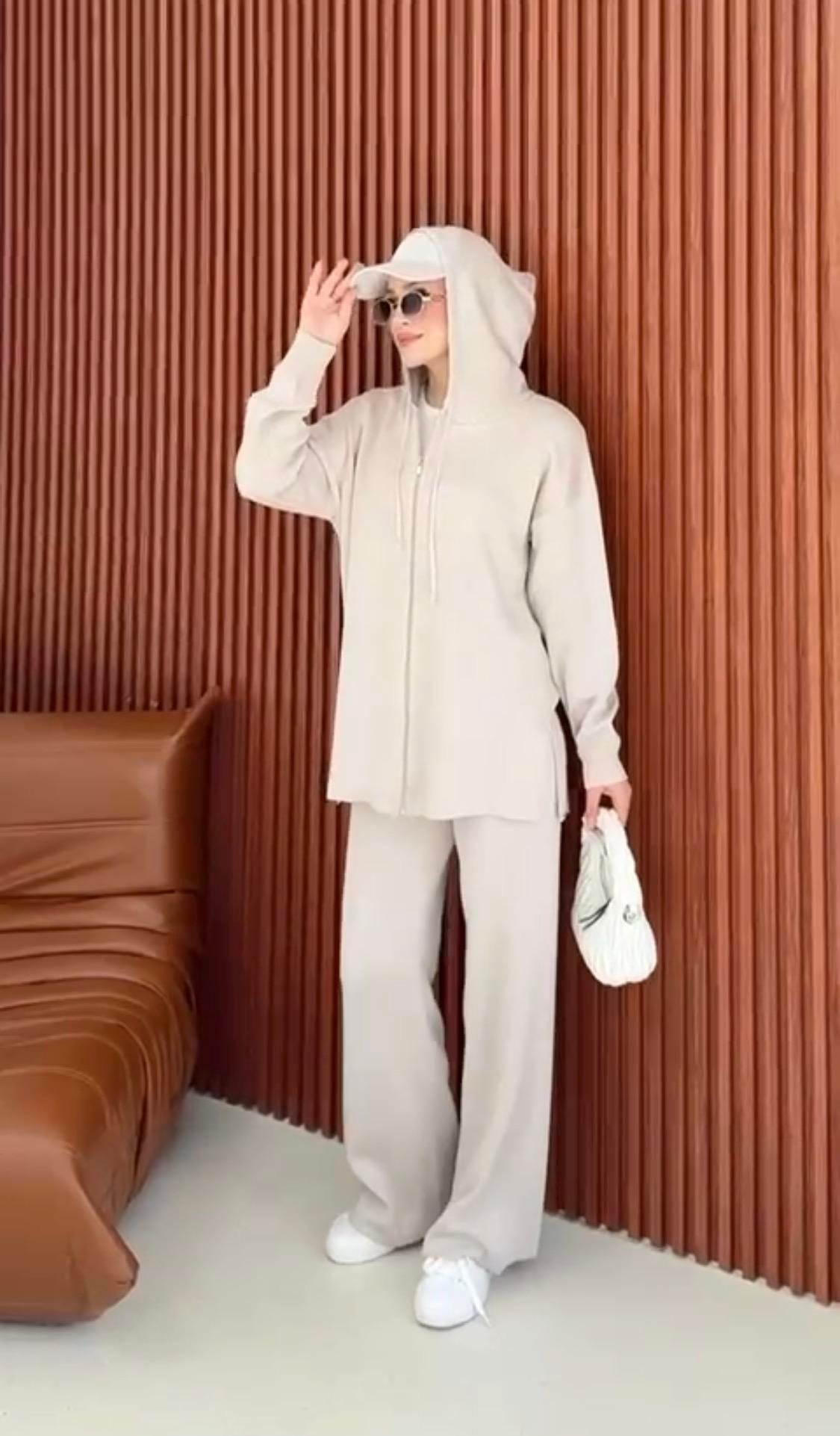 Simli triko takım krem 