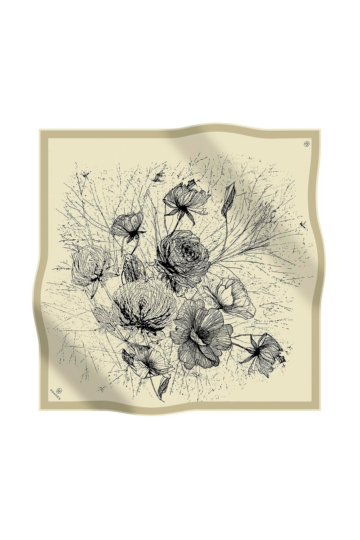 ÇİZİM ÇİÇEK DESENLİ TWILL İPEK EŞARP