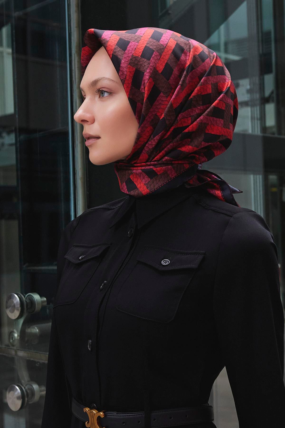 Deri Örgü Desenli Twill İpek Eşarp