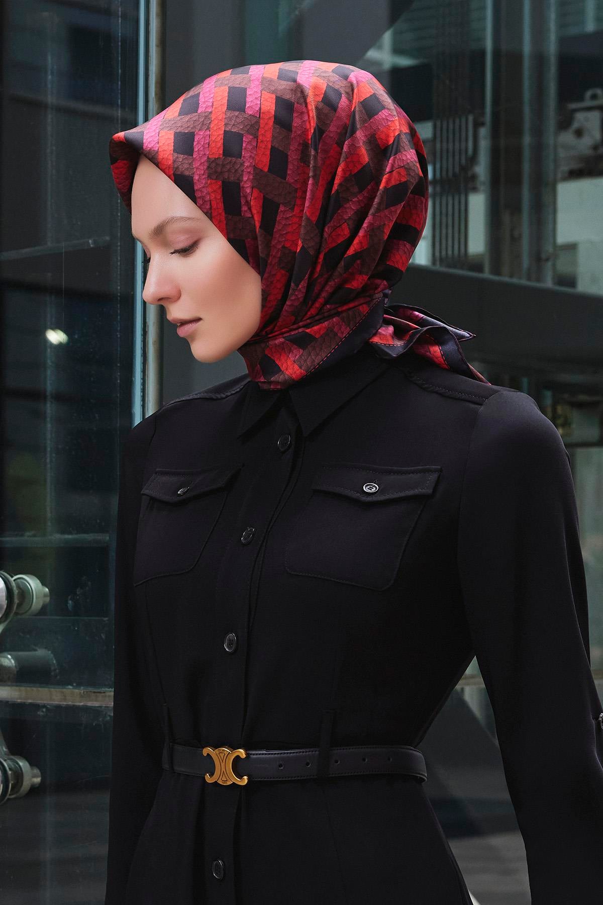 Deri Örgü Desenli Twill İpek Eşarp
