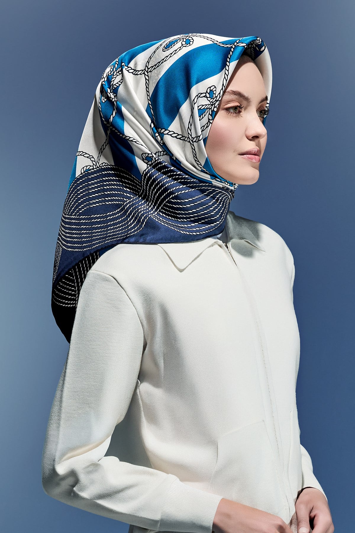 Marin Desenli Twill İpek Eşarp