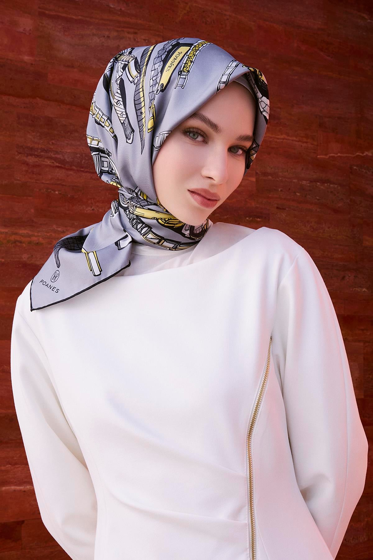 SAAT DESENLİ TWILL İPEK EŞARP