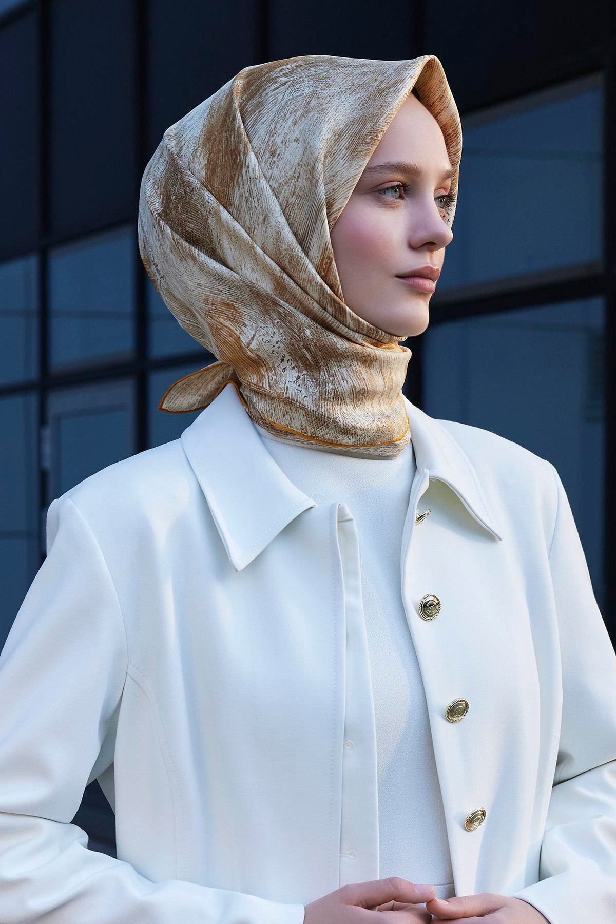 Soyut Fırça Desenli Twill İpek Eşarp