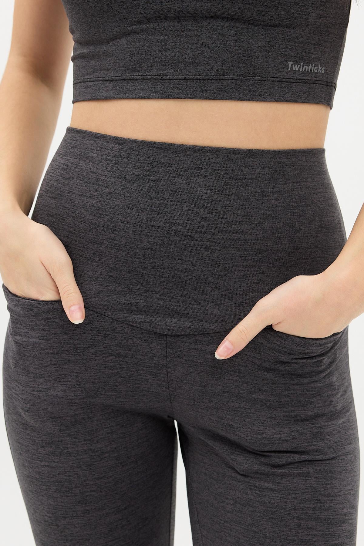 Gizli Cepli Yüksek Bel Açık Antrasit Spor Tayt Takımı - Crop büstiyerli Yoga ve Fitness Seti