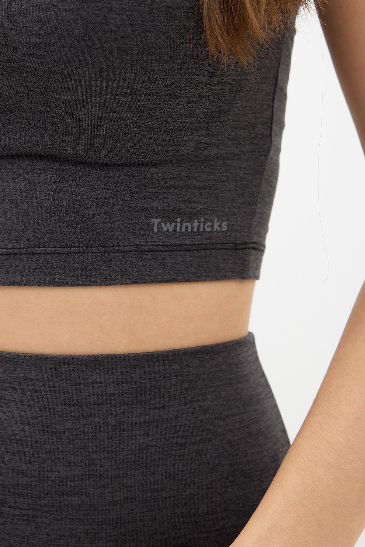 Gizli Cepli Yüksek Bel Açık Antrasit Spor Tayt Takımı - Crop büstiyerli Yoga ve Fitness Seti