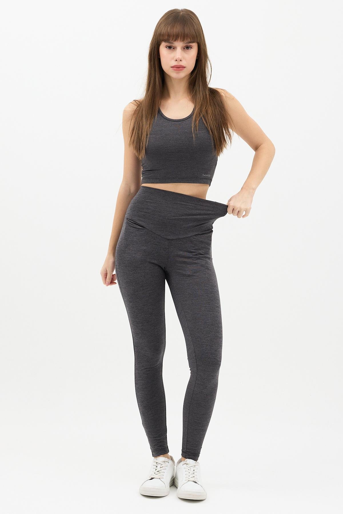 Gizli Cepli Yüksek Bel Açık Antrasit Spor Tayt Takımı - Crop büstiyerli Yoga ve Fitness Seti