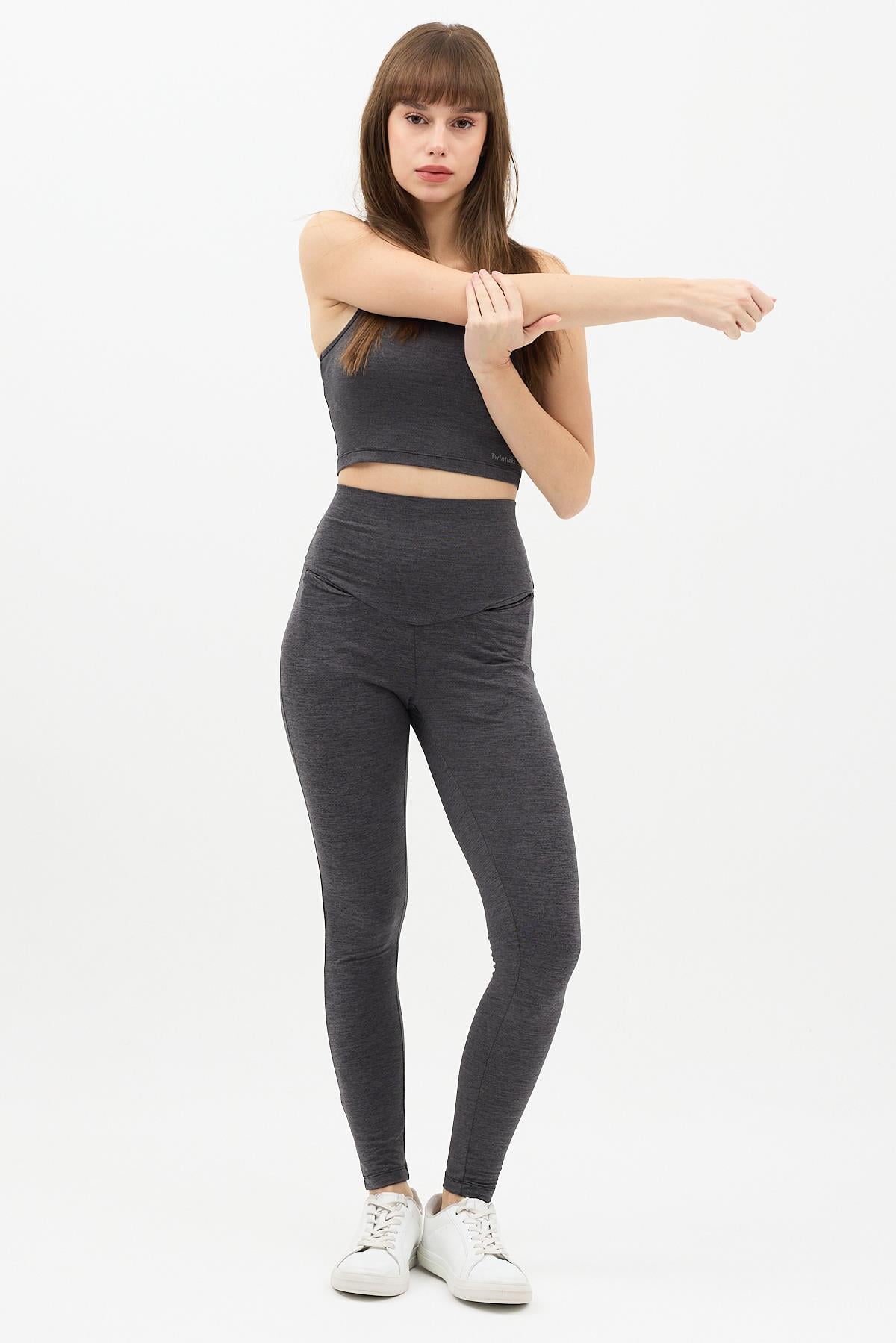 Gizli Cepli Yüksek Bel Açık Antrasit Spor Tayt Takımı - Crop büstiyerli Yoga ve Fitness Seti