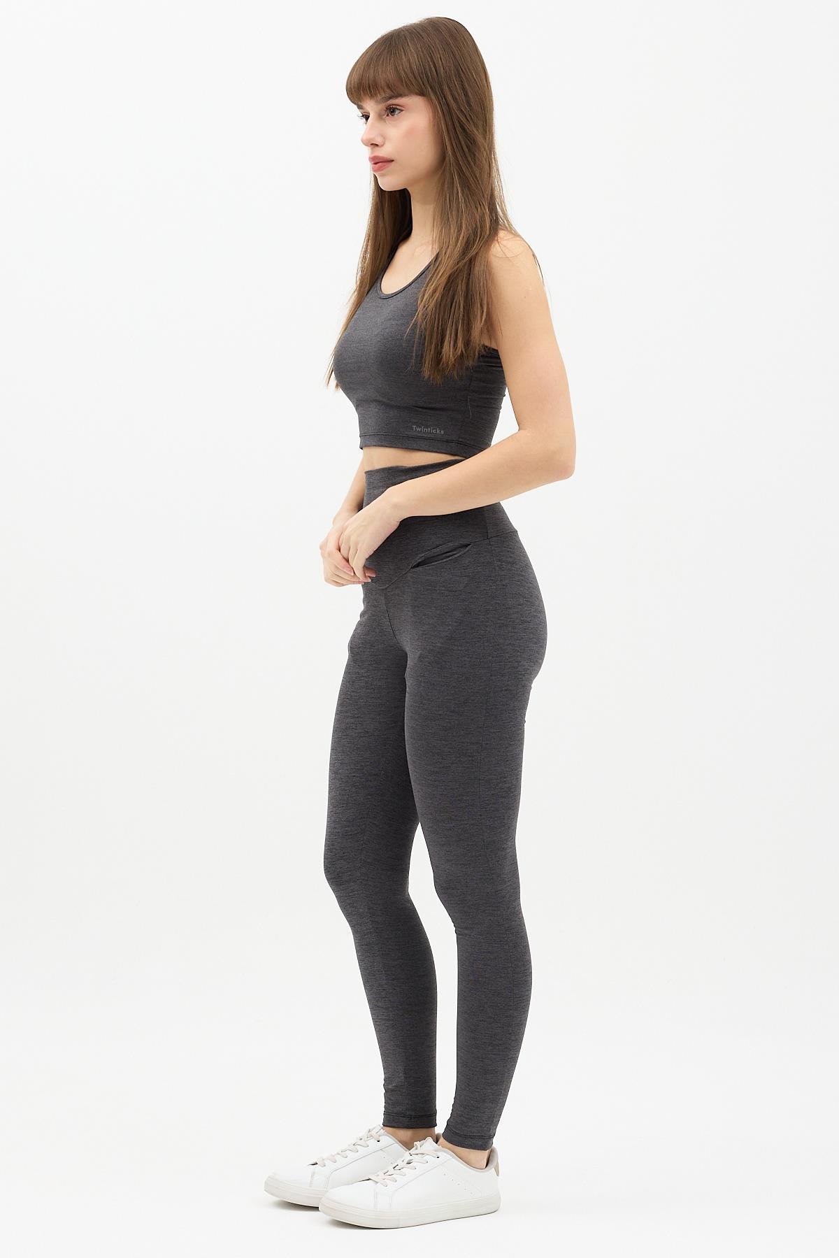 Gizli Cepli Yüksek Bel Açık Antrasit Spor Tayt Takımı - Crop büstiyerli Yoga ve Fitness Seti