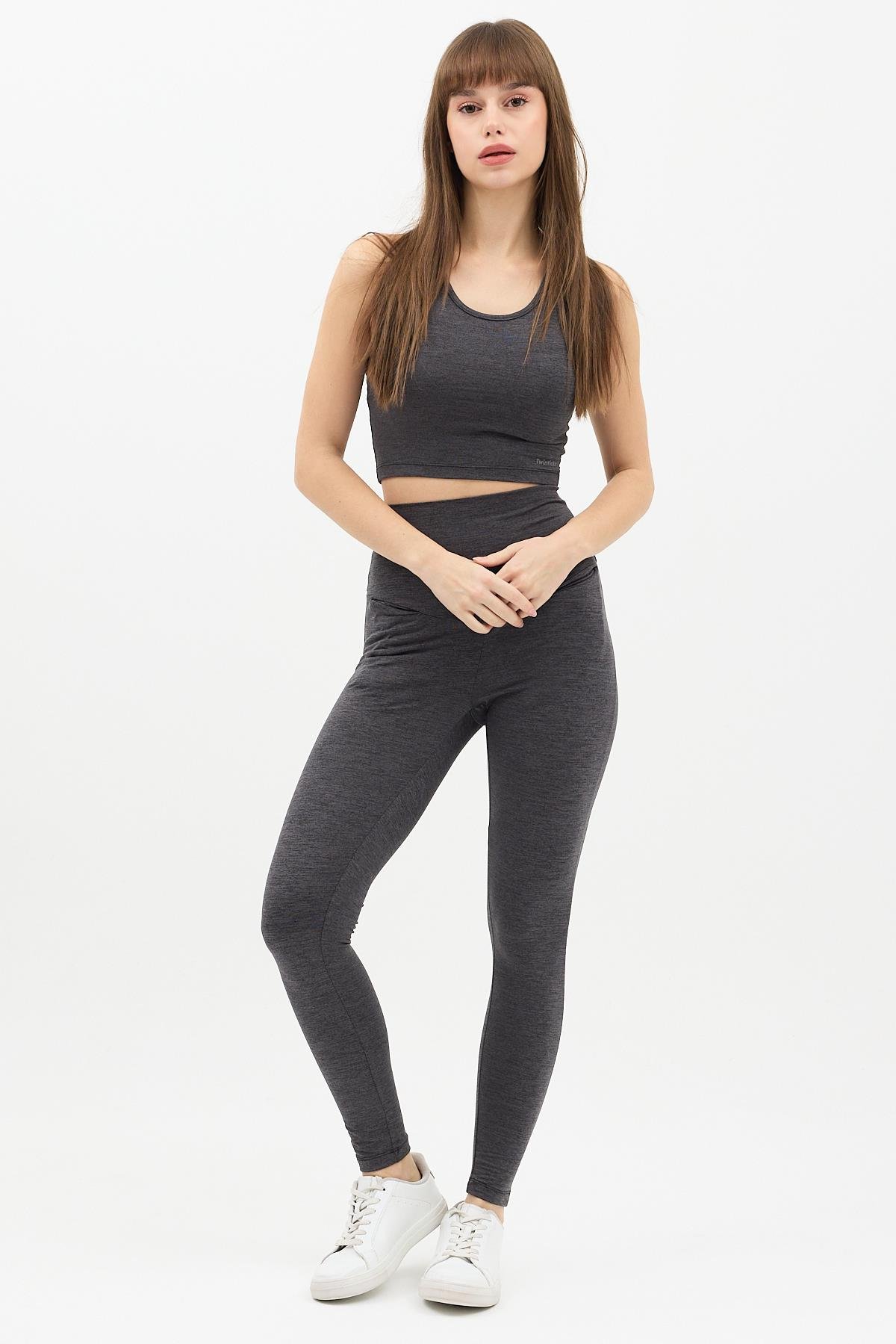 Gizli Cepli Yüksek Bel Açık Antrasit Spor Tayt Takımı - Crop büstiyerli Yoga ve Fitness Seti