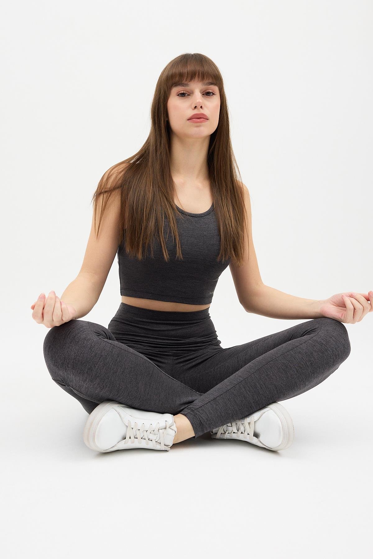 Gizli Cepli Yüksek Bel Açık Antrasit Spor Tayt Takımı - Crop büstiyerli Yoga ve Fitness Seti