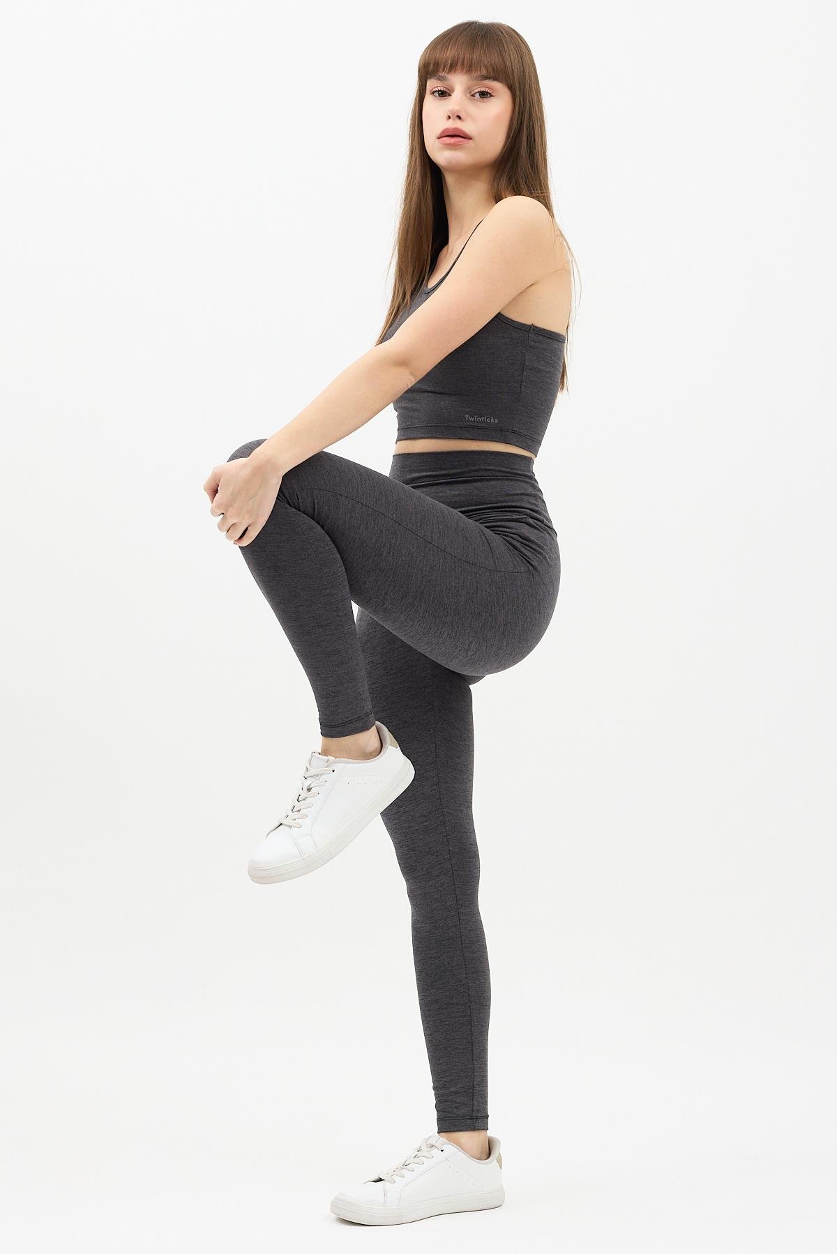 Gizli Cepli Yüksek Bel Açık Antrasit Spor Tayt Takımı - Crop büstiyerli Yoga ve Fitness Seti