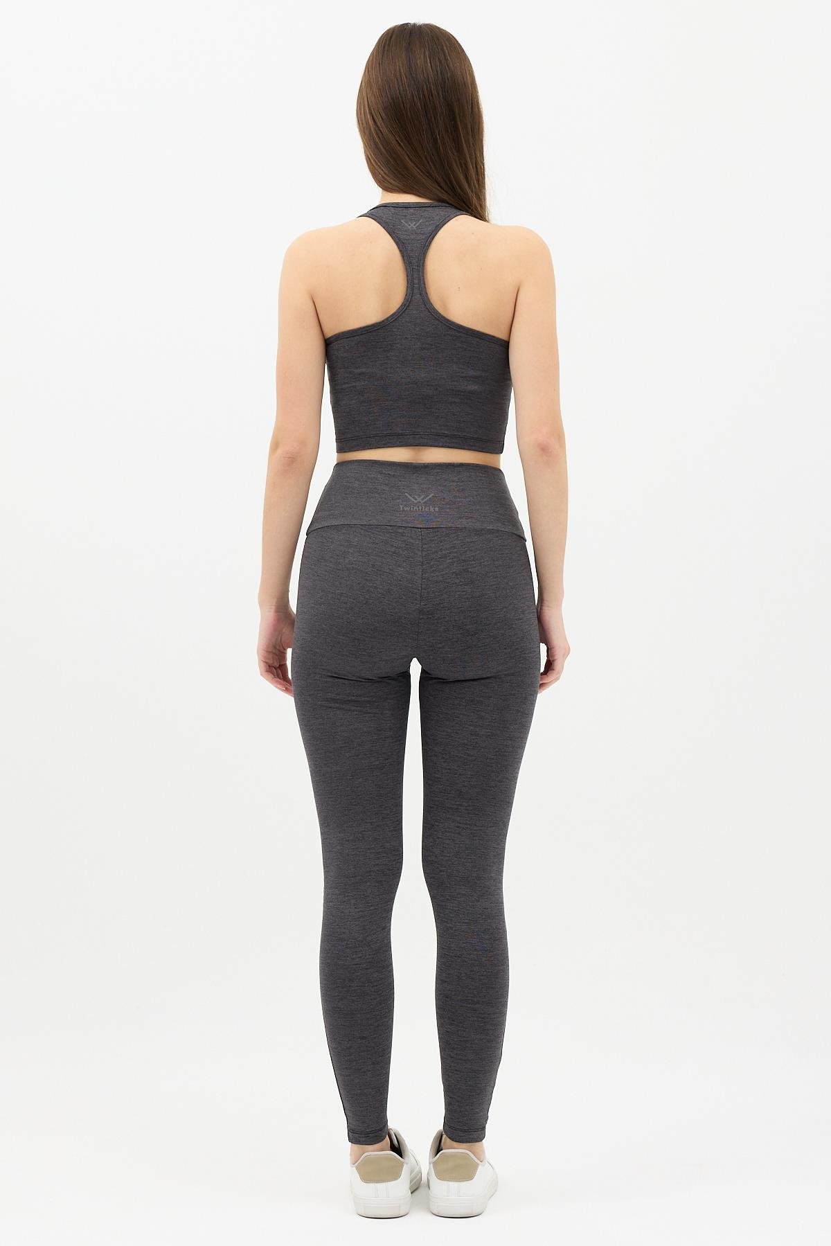 Gizli Cepli Yüksek Bel Açık Antrasit Spor Tayt Takımı - Crop büstiyerli Yoga ve Fitness Seti