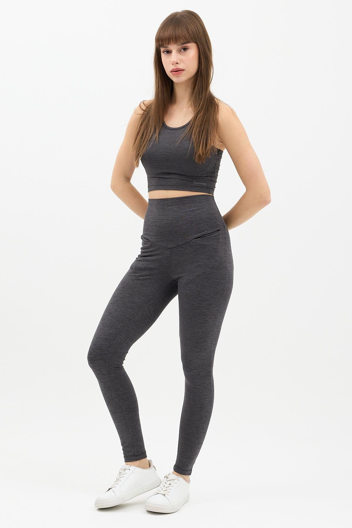 Gizli Cepli Yüksek Bel Açık Antrasit Spor Tayt Takımı - Crop büstiyerli Yoga ve Fitness Seti