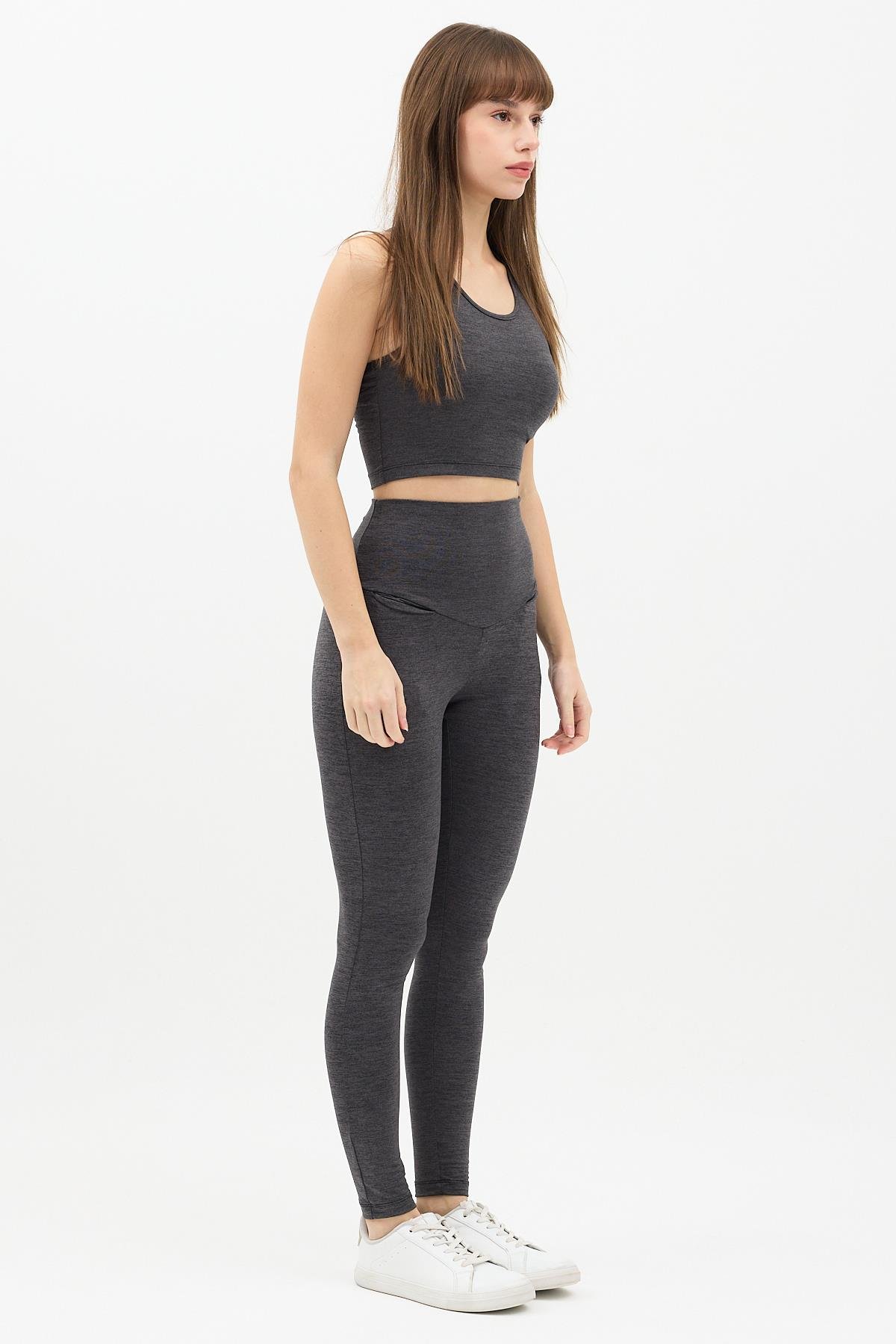 Gizli Cepli Yüksek Bel Açık Antrasit Spor Tayt Takımı - Crop büstiyerli Yoga ve Fitness Seti
