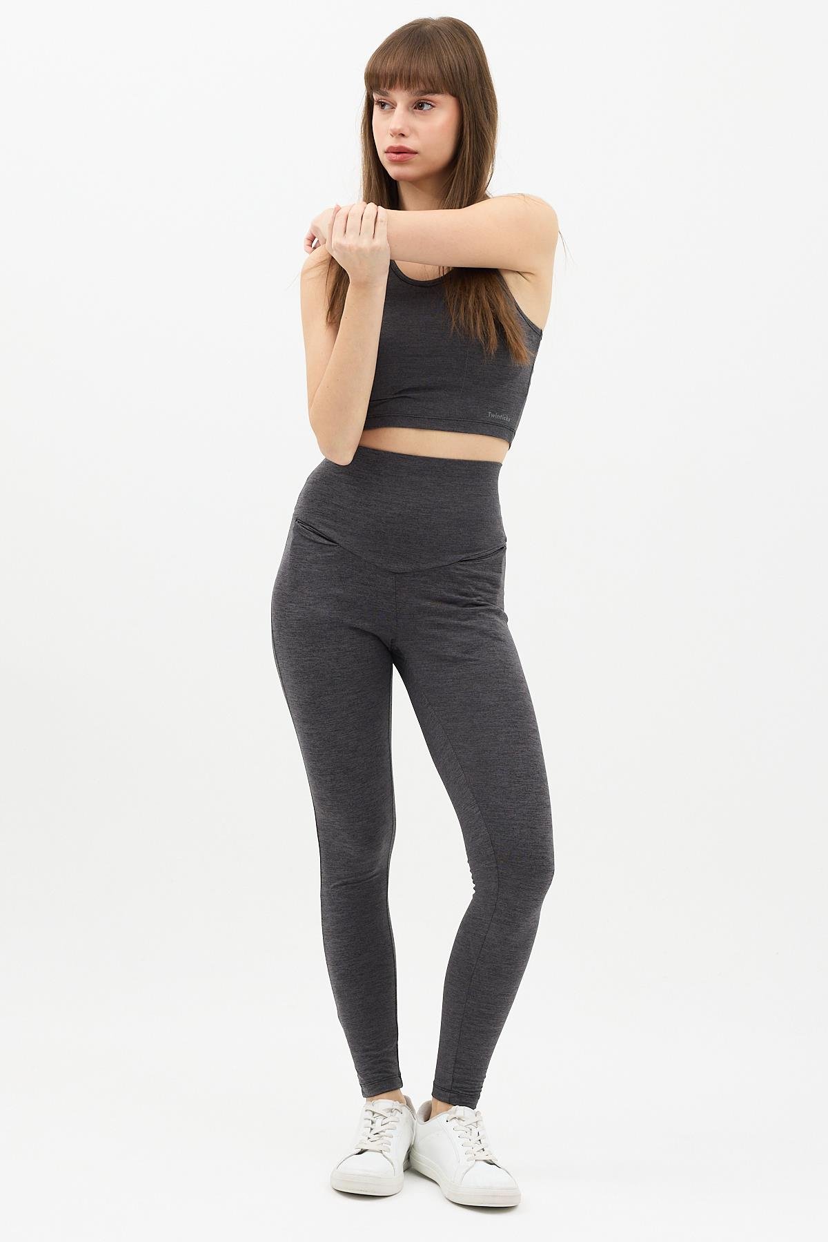 Gizli Cepli Yüksek Bel Açık Antrasit Spor Tayt Takımı - Crop büstiyerli Yoga ve Fitness Seti