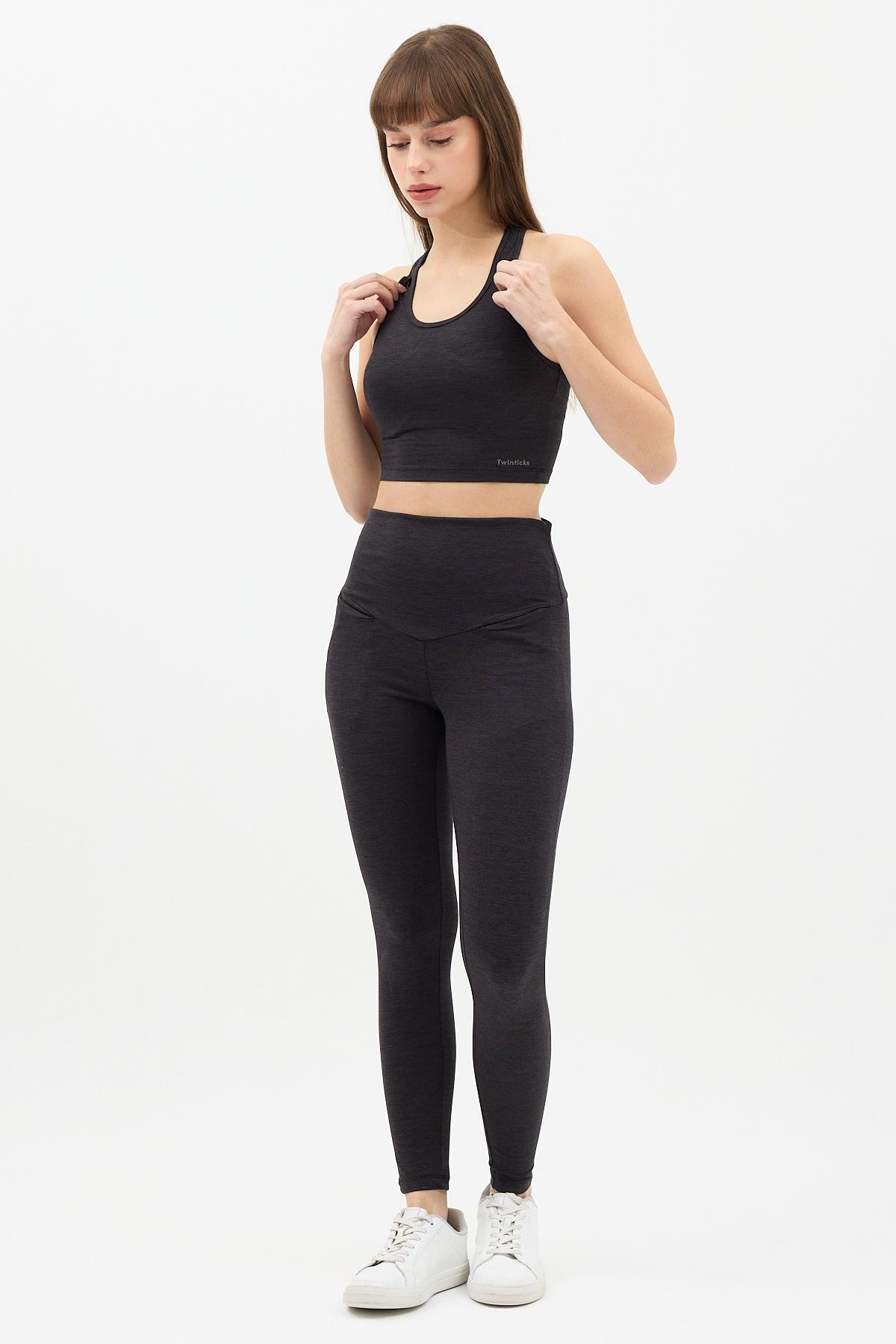 Gizli Cepli Yüksek Bel  Antrasit Spor Tayt Takımı - Crop büstiyerli Yoga ve Fitness Seti