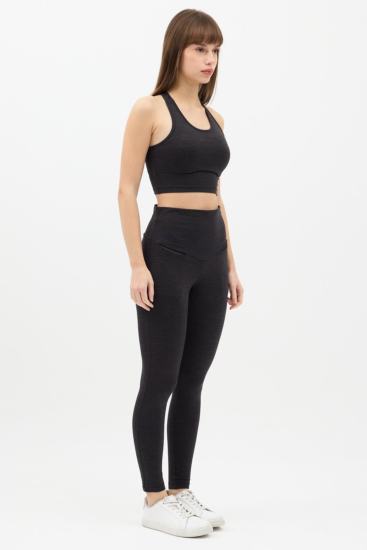 Gizli Cepli Yüksek Bel  Antrasit Spor Tayt Takımı - Crop büstiyerli Yoga ve Fitness Seti