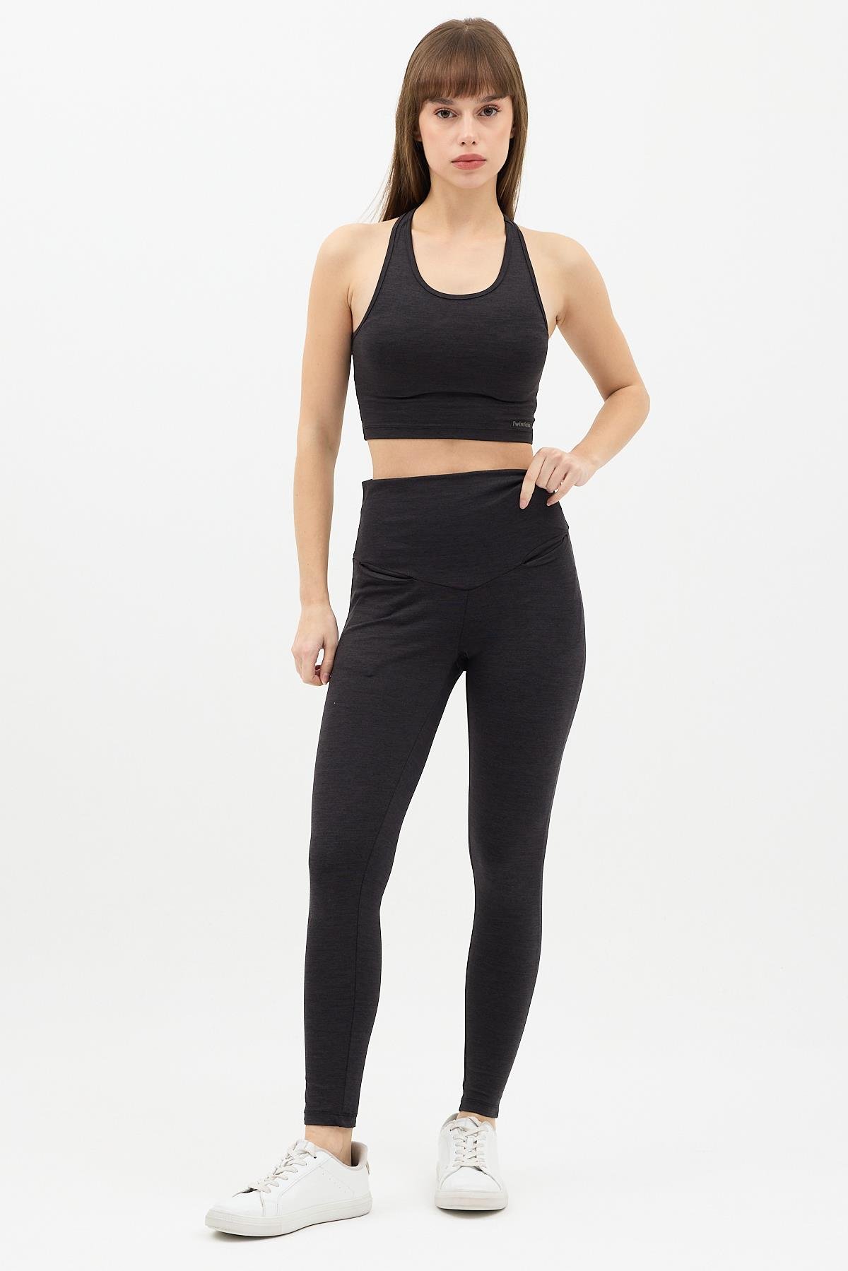 Gizli Cepli Yüksek Bel  Antrasit Spor Tayt Takımı - Crop büstiyerli Yoga ve Fitness Seti