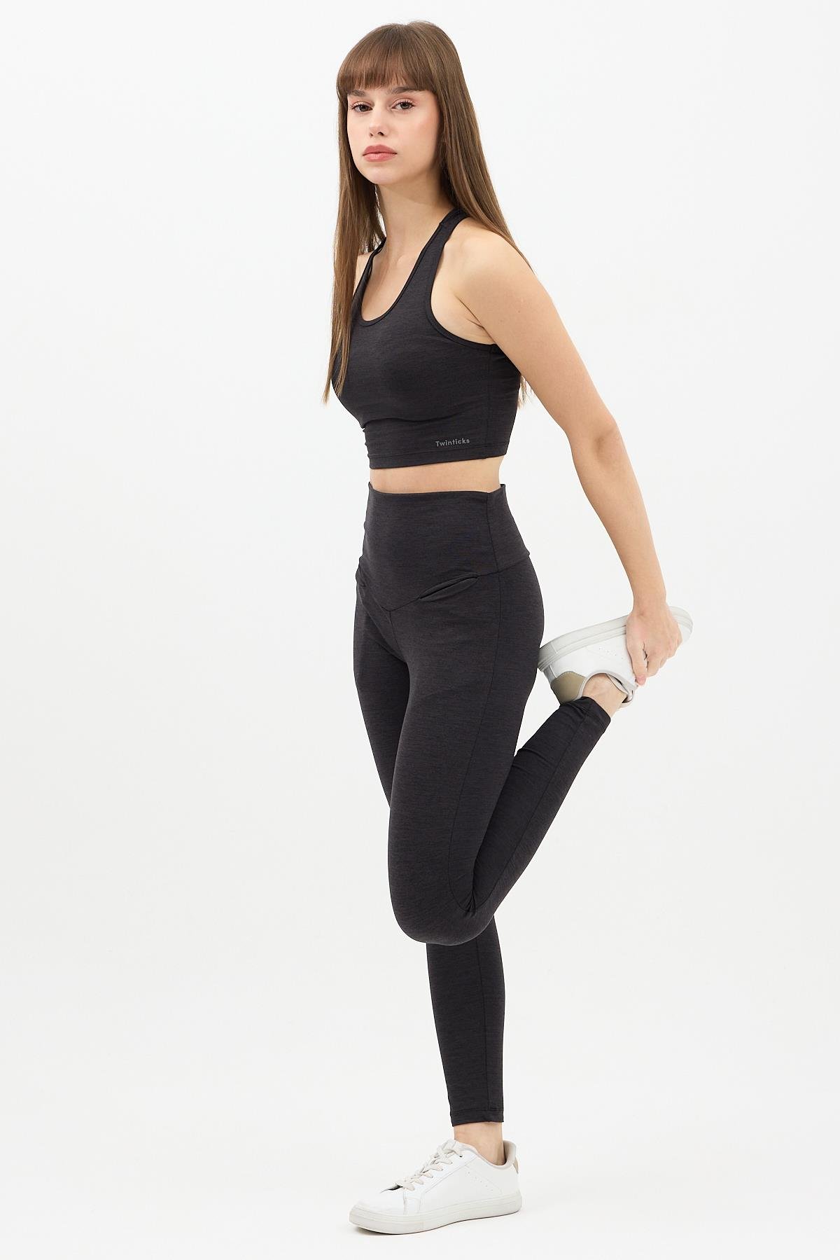 Gizli Cepli Yüksek Bel  Antrasit Spor Tayt Takımı - Crop büstiyerli Yoga ve Fitness Seti