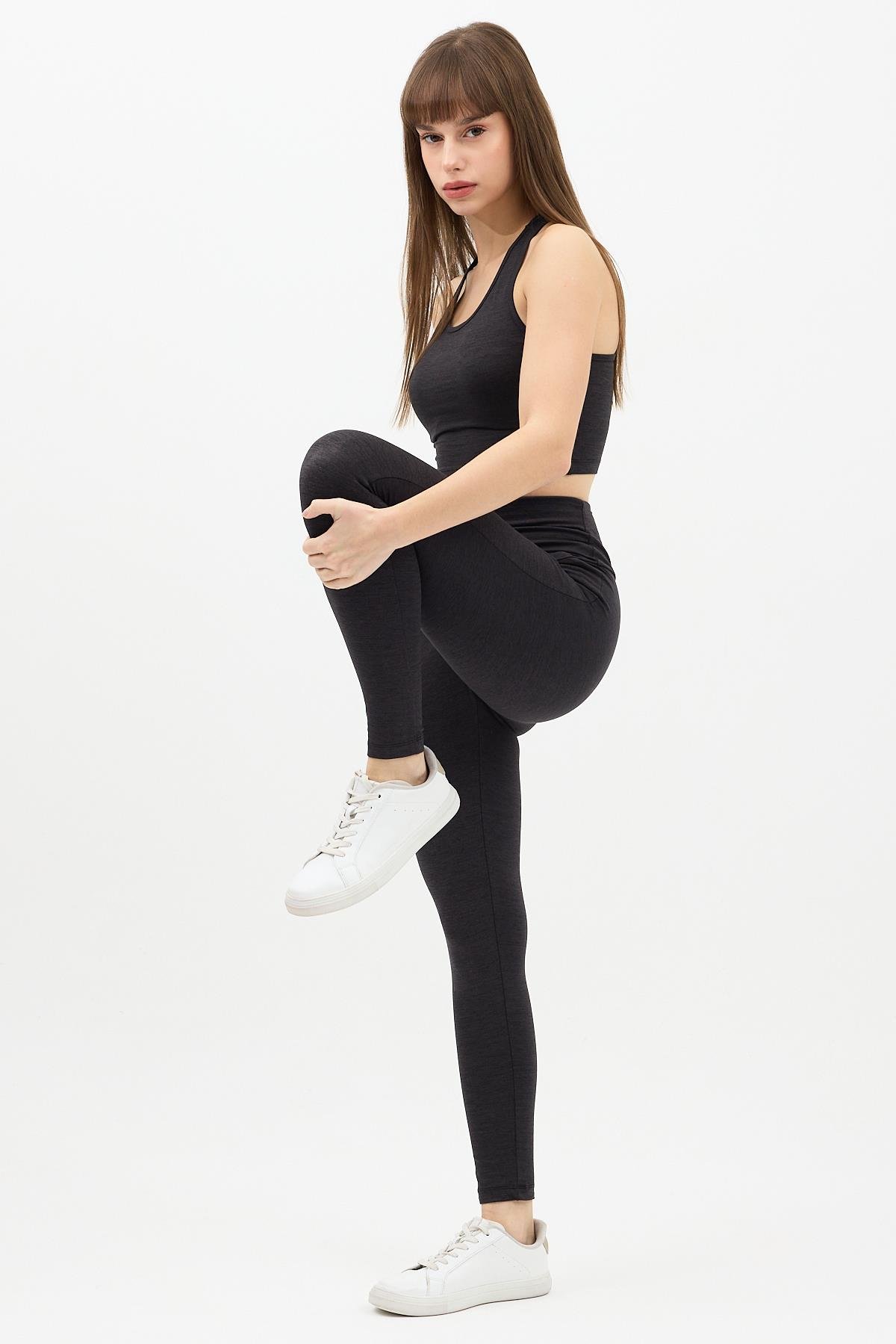 Gizli Cepli Yüksek Bel  Antrasit Spor Tayt Takımı - Crop büstiyerli Yoga ve Fitness Seti