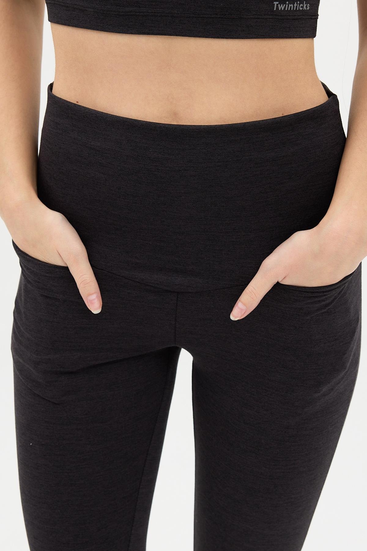 Gizli Cepli Yüksek Bel  Antrasit Spor Tayt Takımı - Crop büstiyerli Yoga ve Fitness Seti