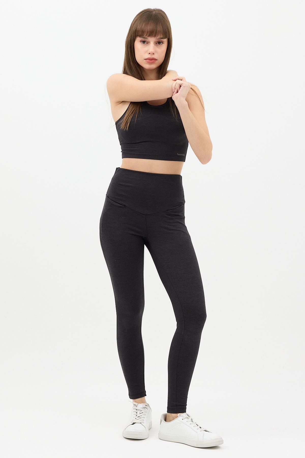 Gizli Cepli Yüksek Bel  Antrasit Spor Tayt Takımı - Crop büstiyerli Yoga ve Fitness Seti