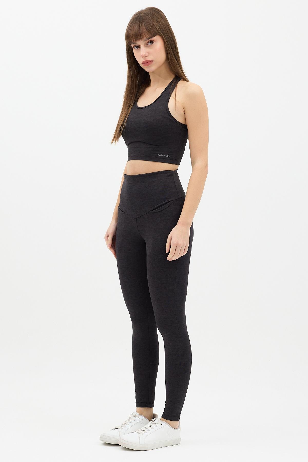 Gizli Cepli Yüksek Bel  Antrasit Spor Tayt Takımı - Crop büstiyerli Yoga ve Fitness Seti