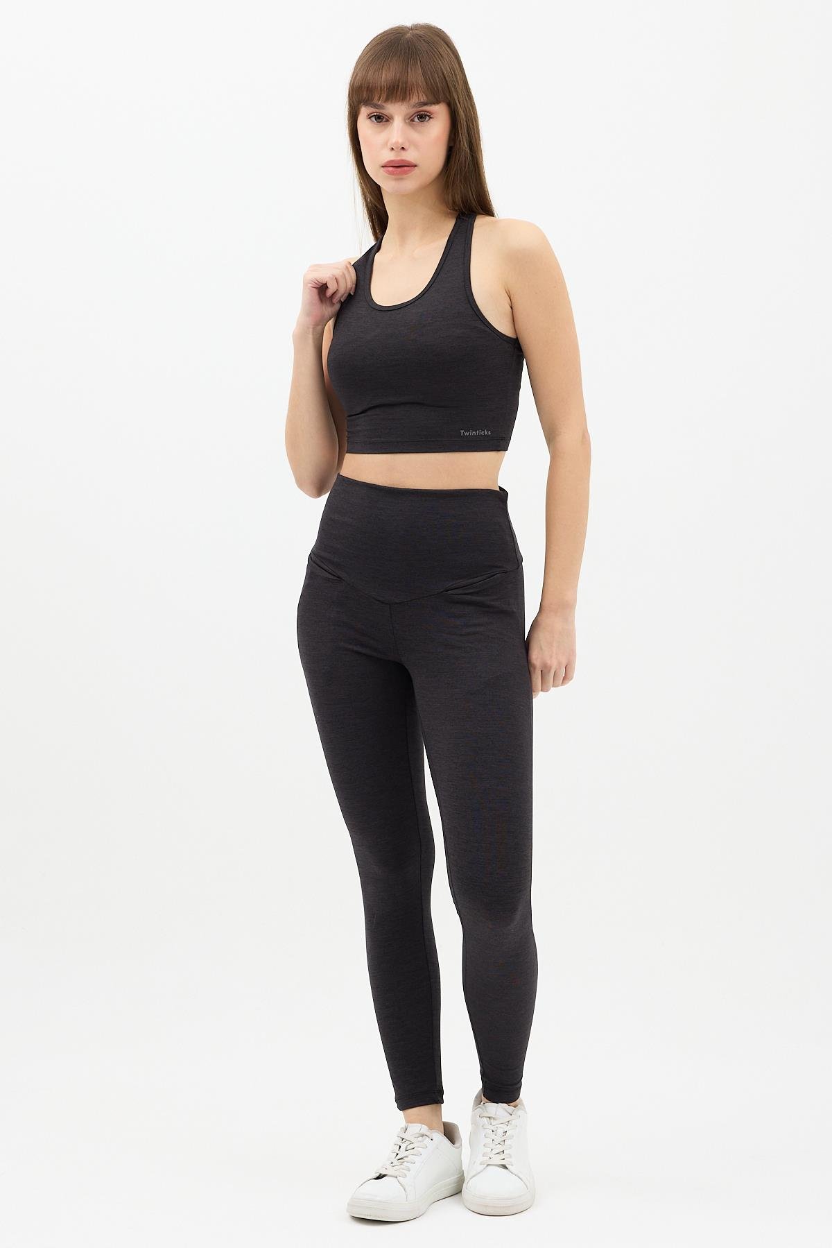 Gizli Cepli Yüksek Bel  Antrasit Spor Tayt Takımı - Crop büstiyerli Yoga ve Fitness Seti