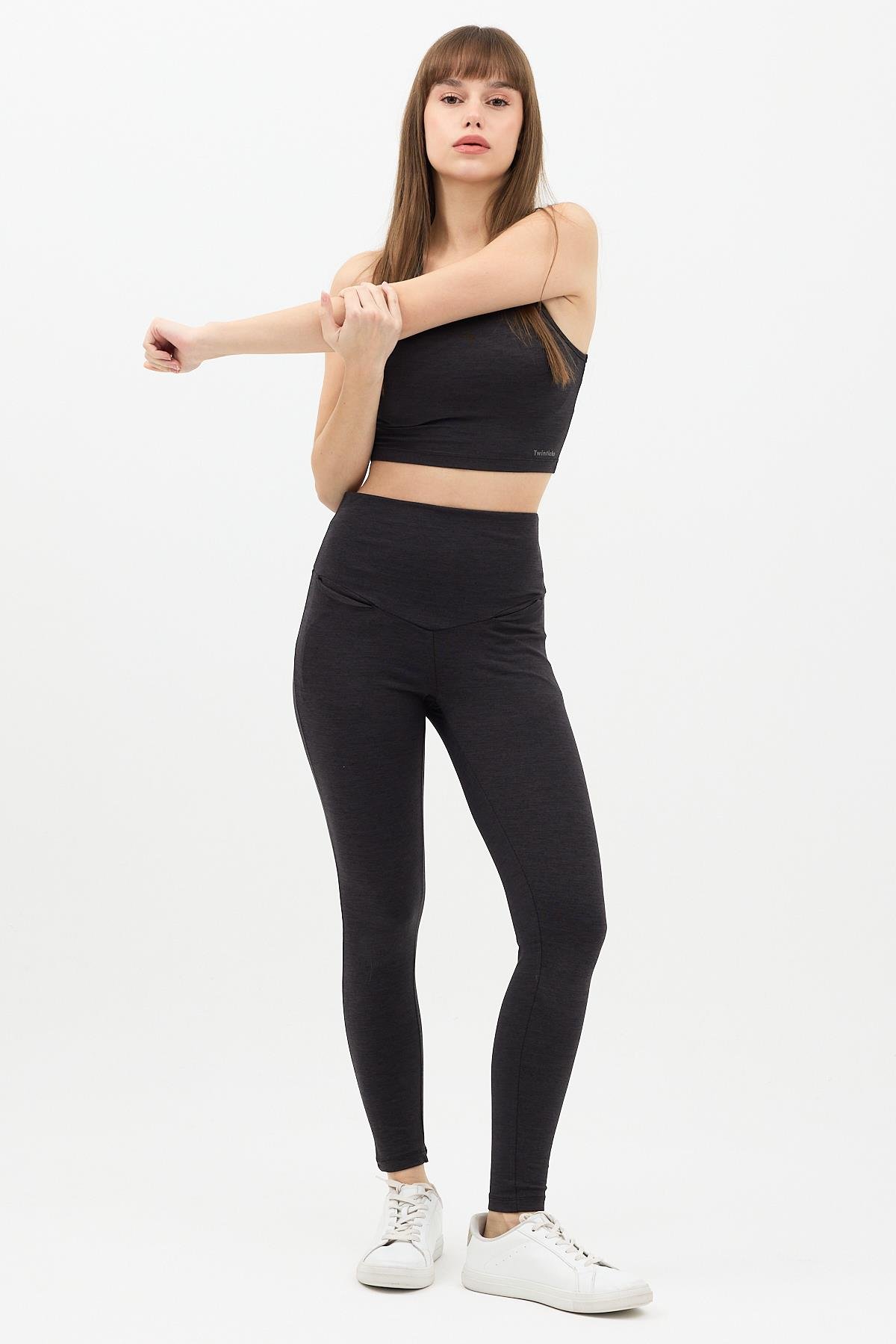 Gizli Cepli Yüksek Bel  Antrasit Spor Tayt Takımı - Crop büstiyerli Yoga ve Fitness Seti