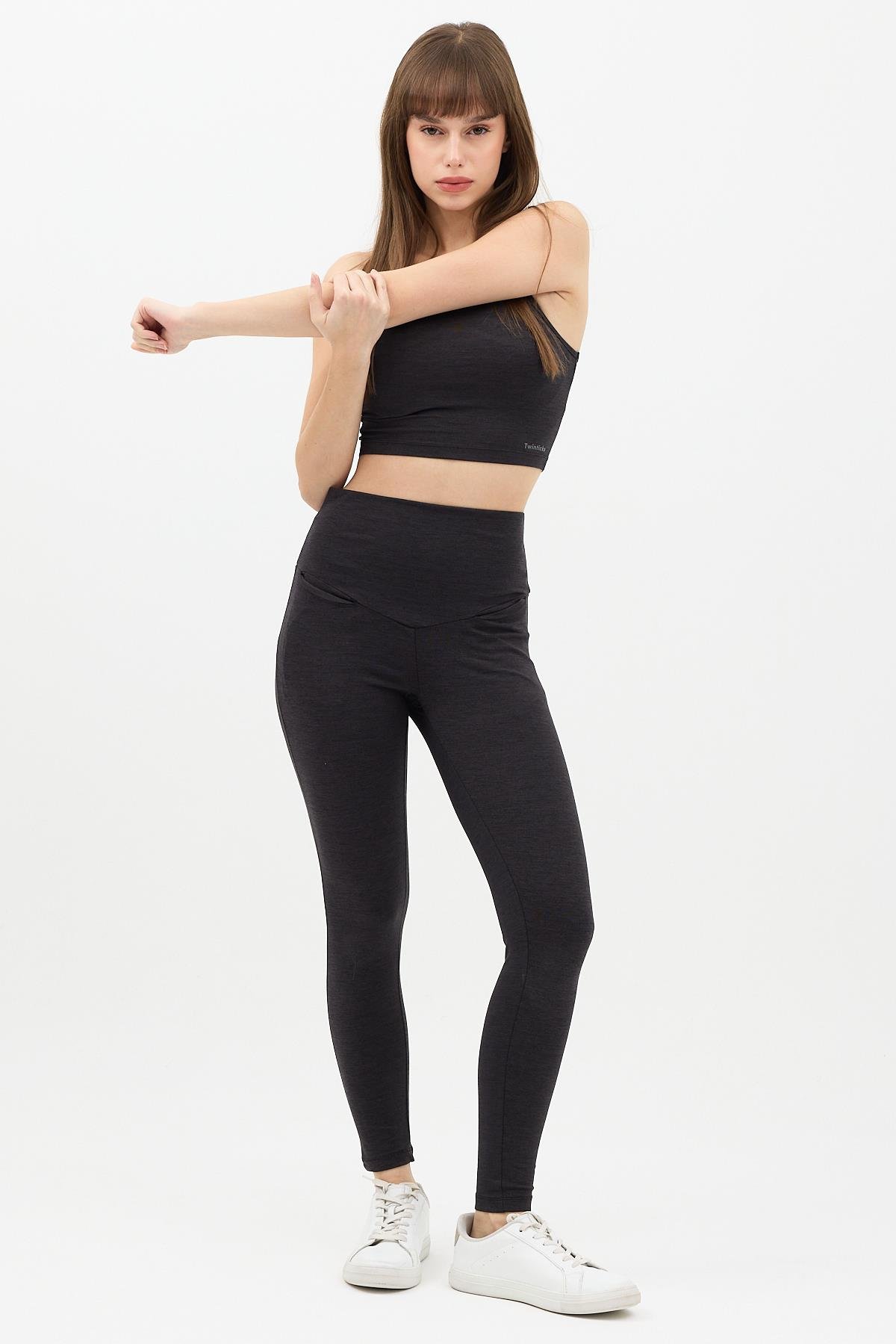Gizli Cepli Yüksek Bel  Antrasit Spor Tayt Takımı - Crop büstiyerli Yoga ve Fitness Seti