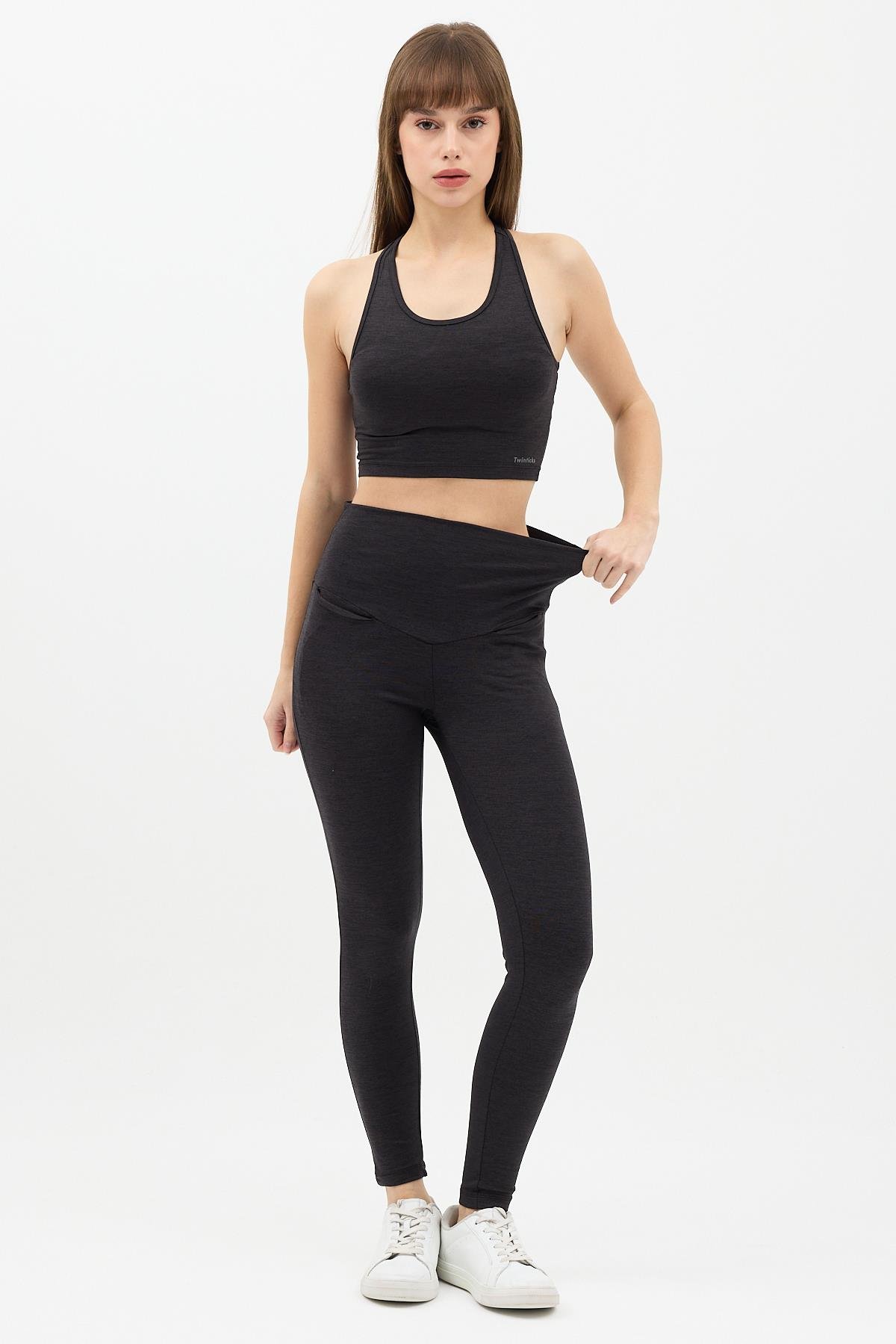 Gizli Cepli Yüksek Bel  Antrasit Spor Tayt Takımı - Crop büstiyerli Yoga ve Fitness Seti
