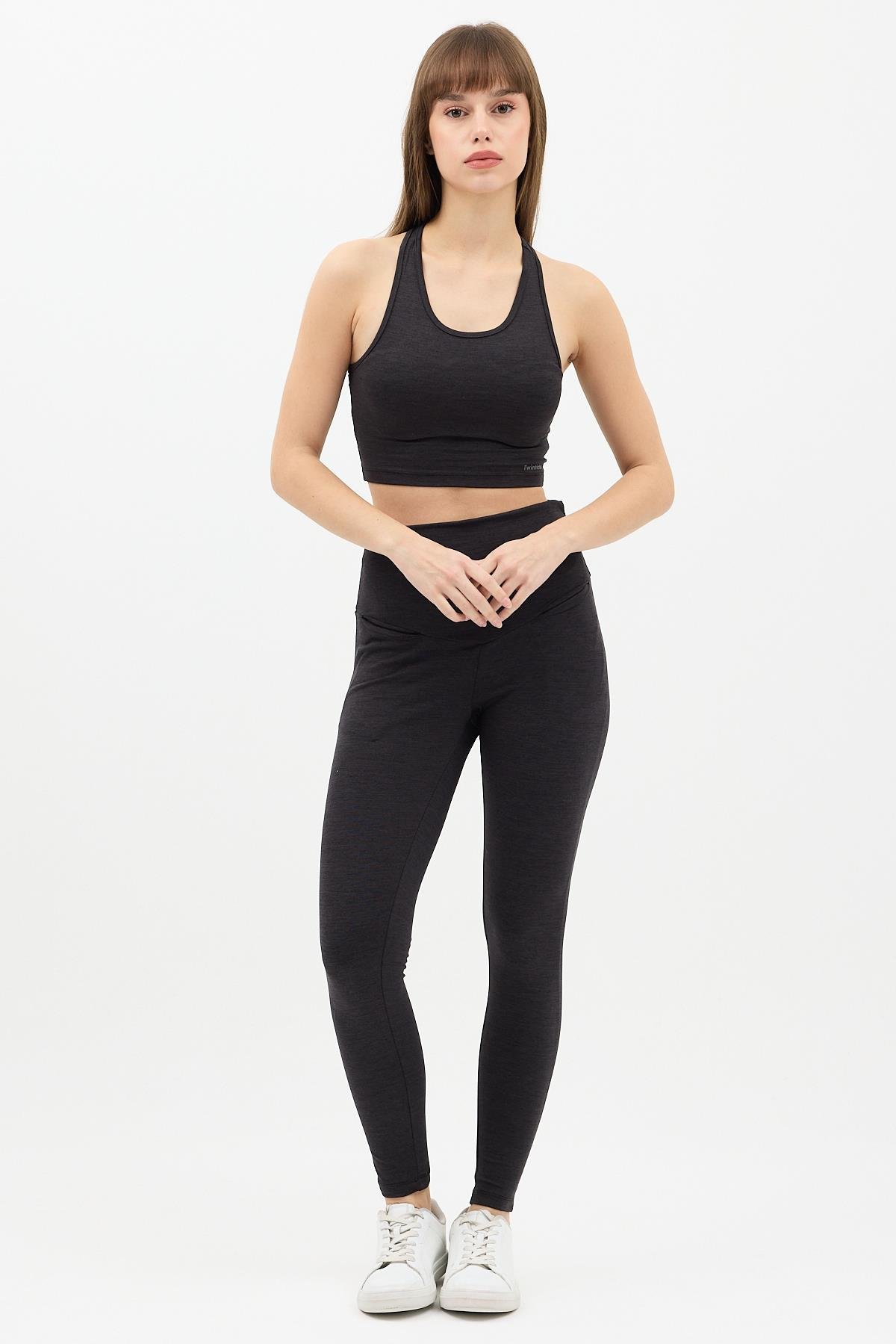 Gizli Cepli Yüksek Bel  Antrasit Spor Tayt Takımı - Crop büstiyerli Yoga ve Fitness Seti