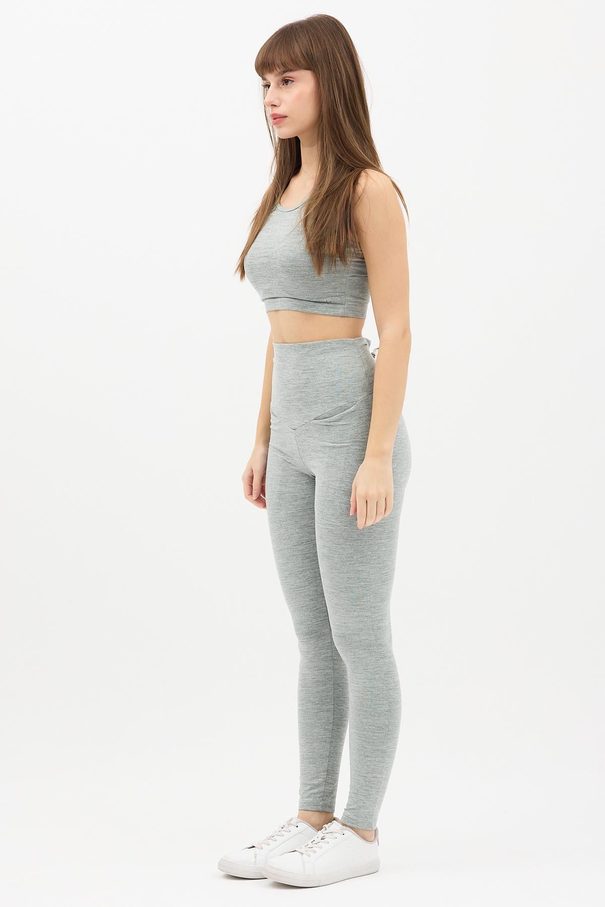 Gizli Cepli Yüksek Bel Gri Spor Tayt Takımı - Crop büstiyerli Yoga ve Fitness Seti