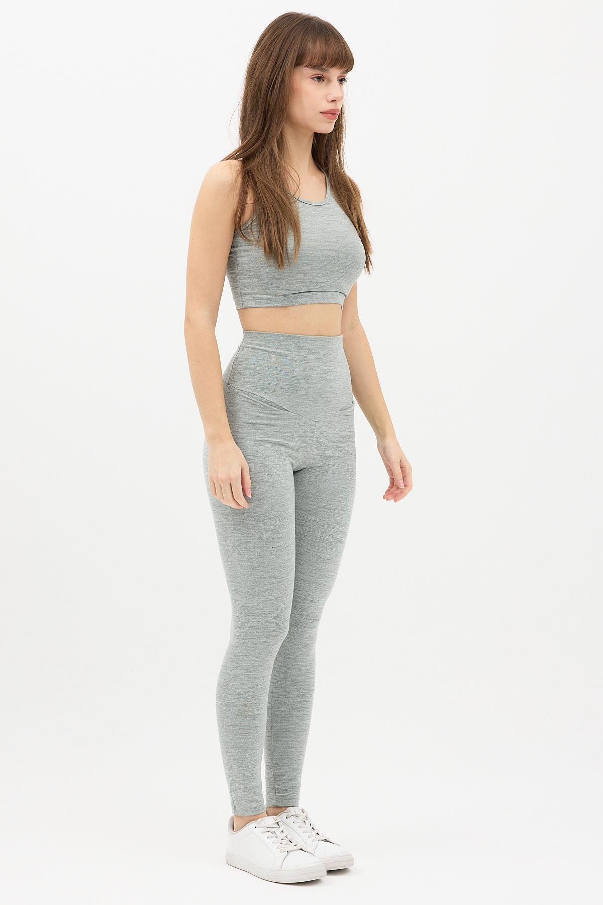 Gizli Cepli Yüksek Bel Gri Spor Tayt Takımı - Crop büstiyerli Yoga ve Fitness Seti