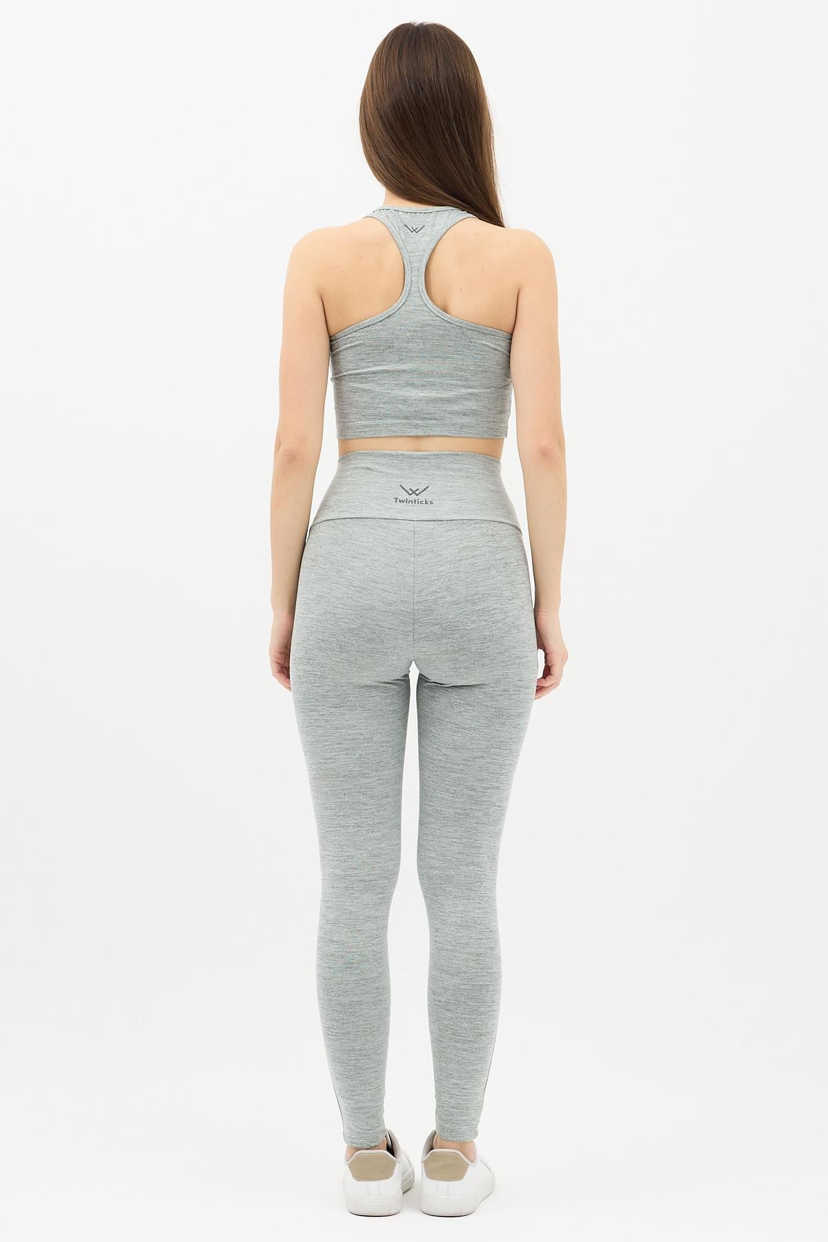 Gizli Cepli Yüksek Bel Gri Spor Tayt Takımı - Crop büstiyerli Yoga ve Fitness Seti