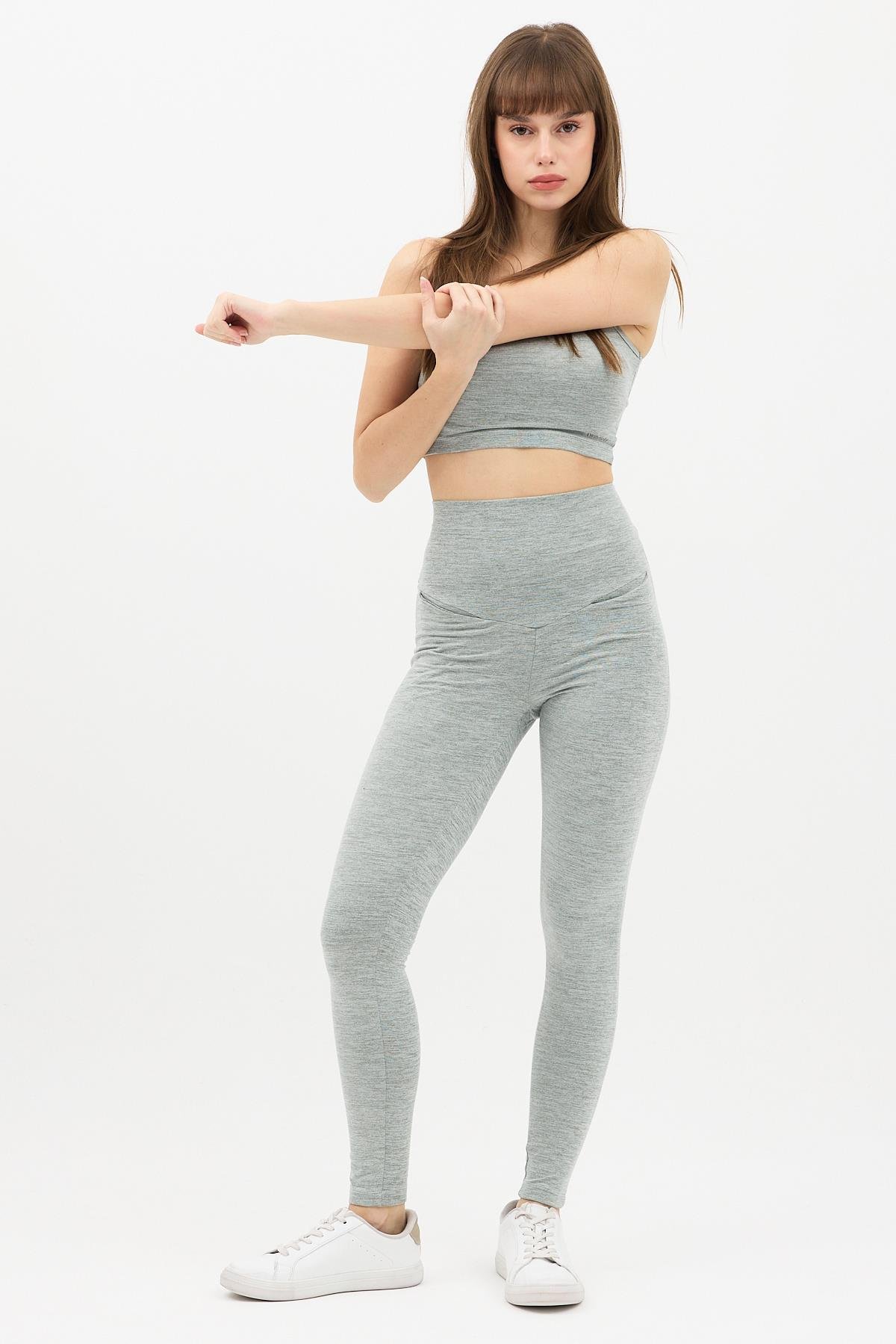 Gizli Cepli Yüksek Bel Gri Spor Tayt Takımı - Crop büstiyerli Yoga ve Fitness Seti