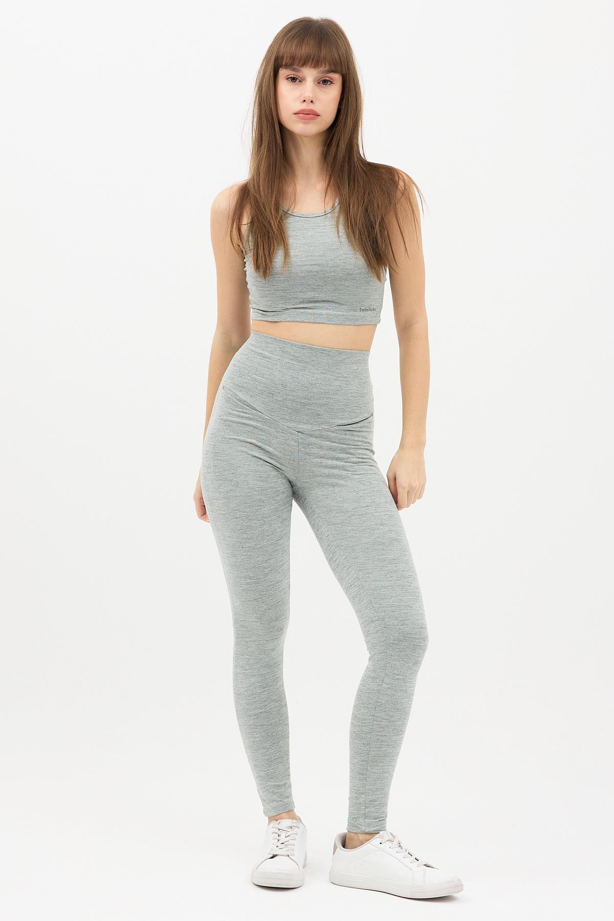 Gizli Cepli Yüksek Bel Gri Spor Tayt Takımı - Crop büstiyerli Yoga ve Fitness Seti