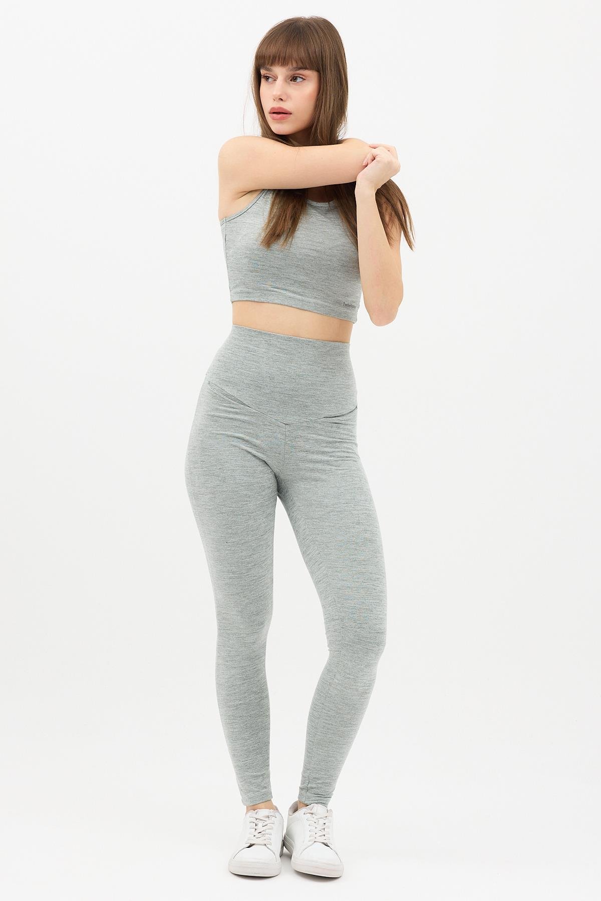 Gizli Cepli Yüksek Bel Gri Spor Tayt Takımı - Crop büstiyerli Yoga ve Fitness Seti