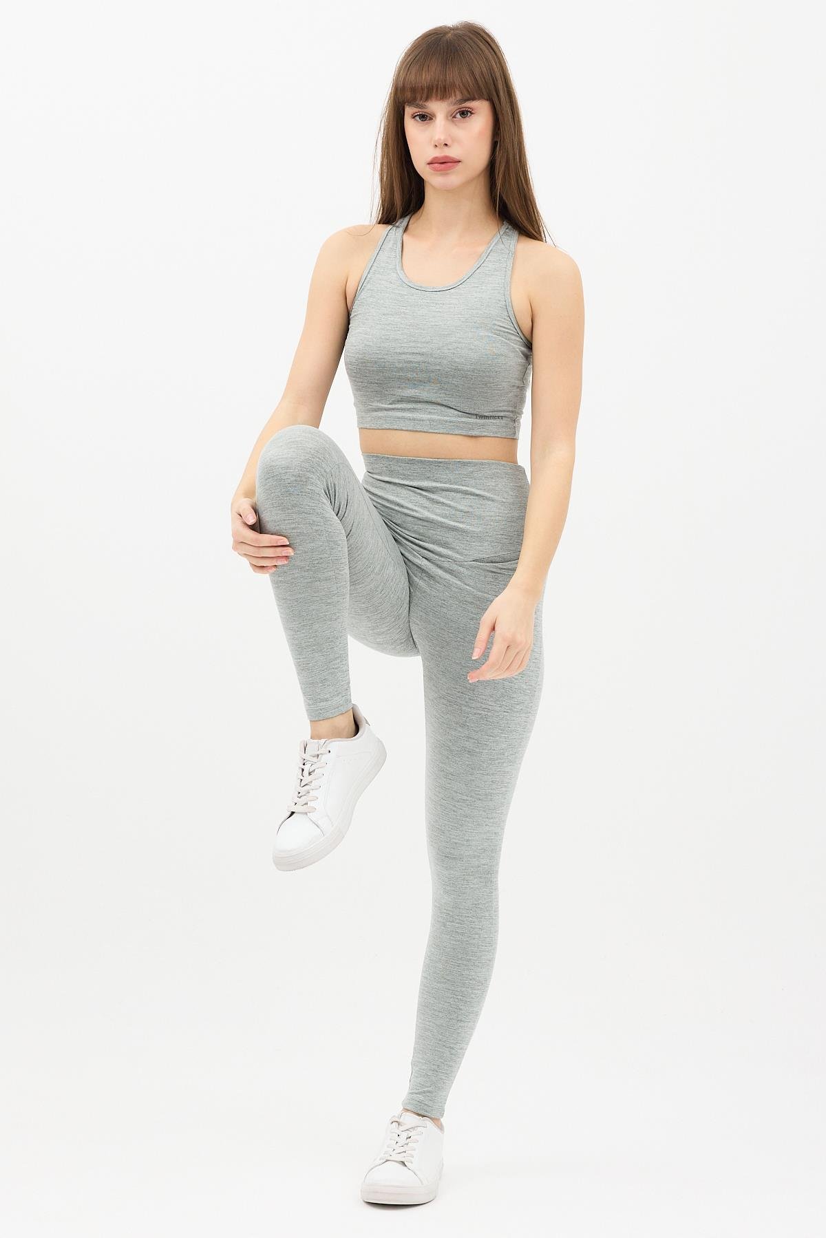 Gizli Cepli Yüksek Bel Gri Spor Tayt Takımı - Crop büstiyerli Yoga ve Fitness Seti