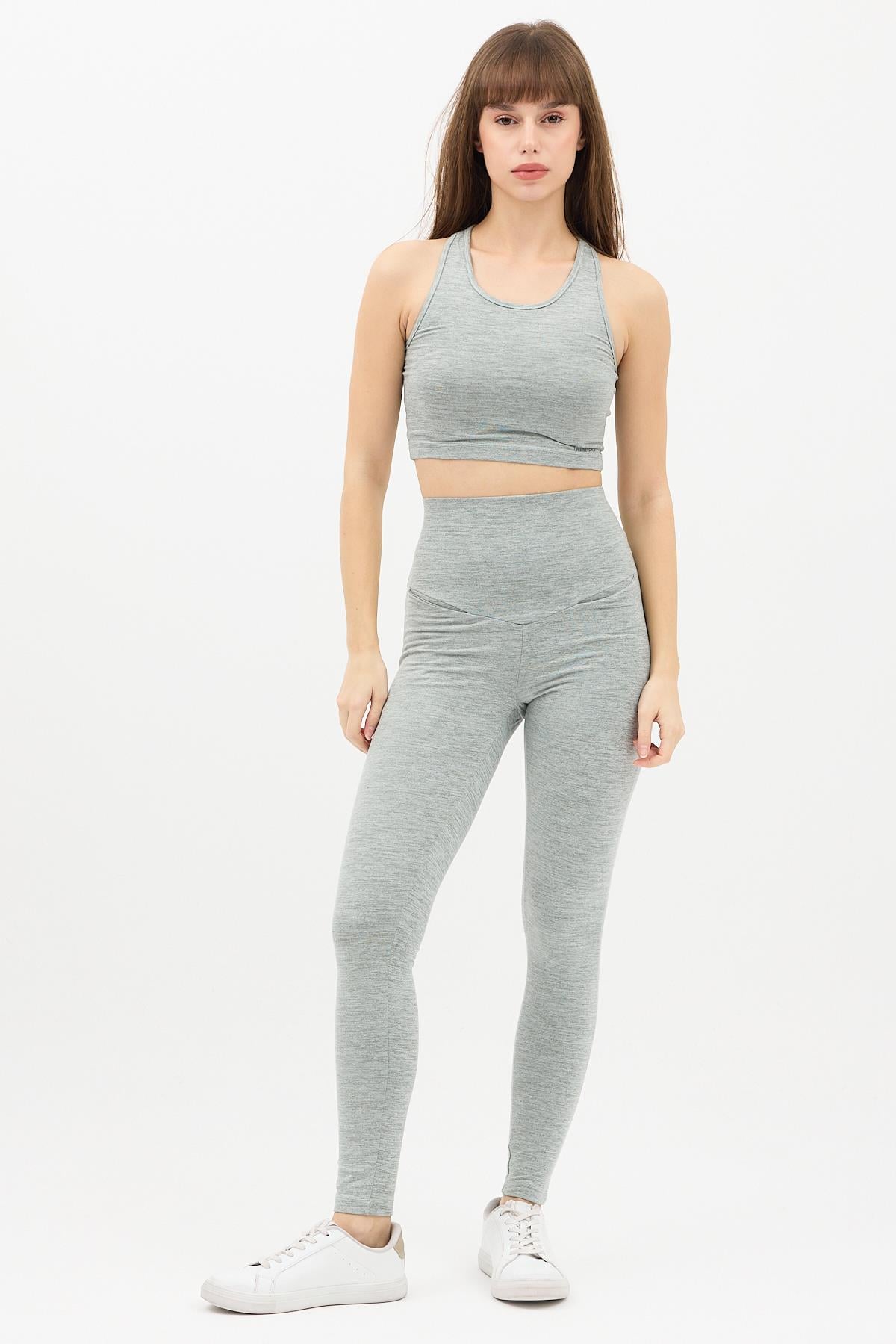 Gizli Cepli Yüksek Bel Gri Spor Tayt Takımı - Crop büstiyerli Yoga ve Fitness Seti