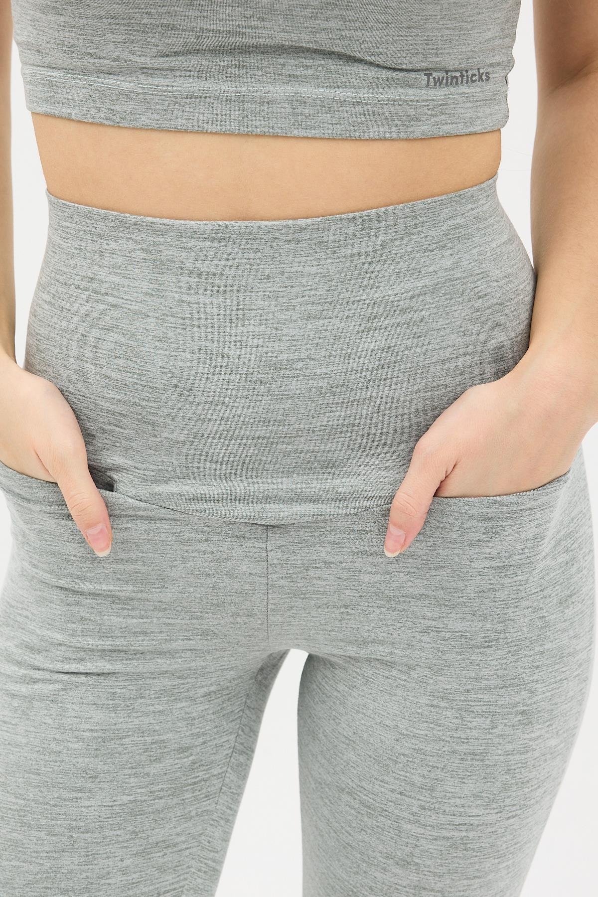 Gizli Cepli Yüksek Bel Gri Spor Tayt Takımı - Crop büstiyerli Yoga ve Fitness Seti