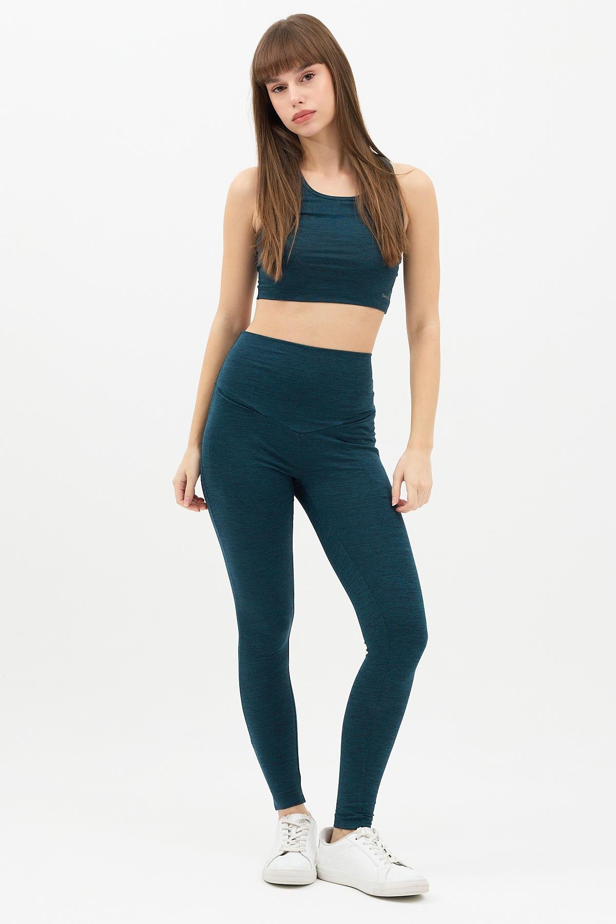 Gizli Cepli Yüksek Bel Yeşil Spor Tayt Takımı - Crop büstiyerli Yoga ve Fitness Seti