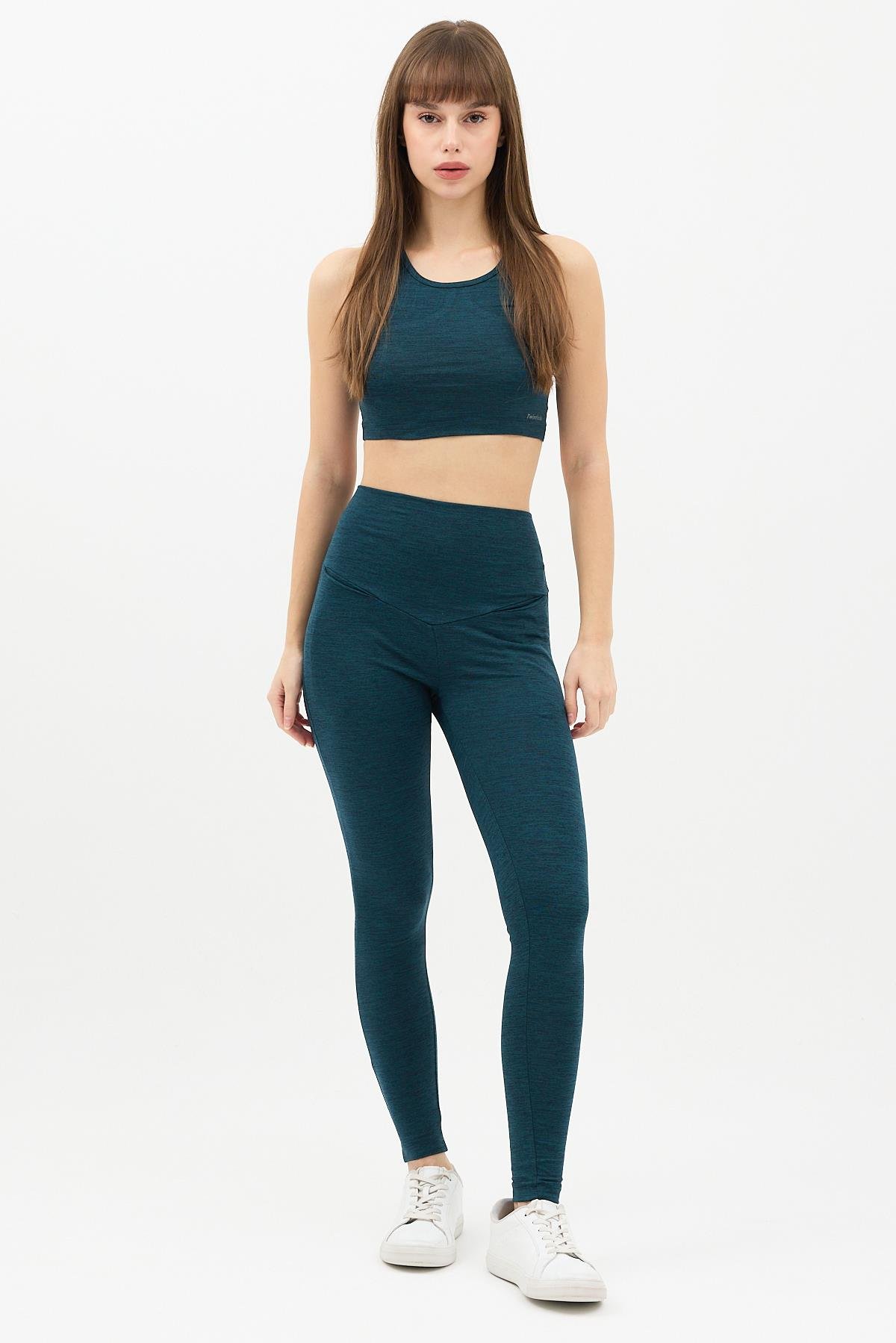 Gizli Cepli Yüksek Bel Yeşil Spor Tayt Takımı - Crop büstiyerli Yoga ve Fitness Seti